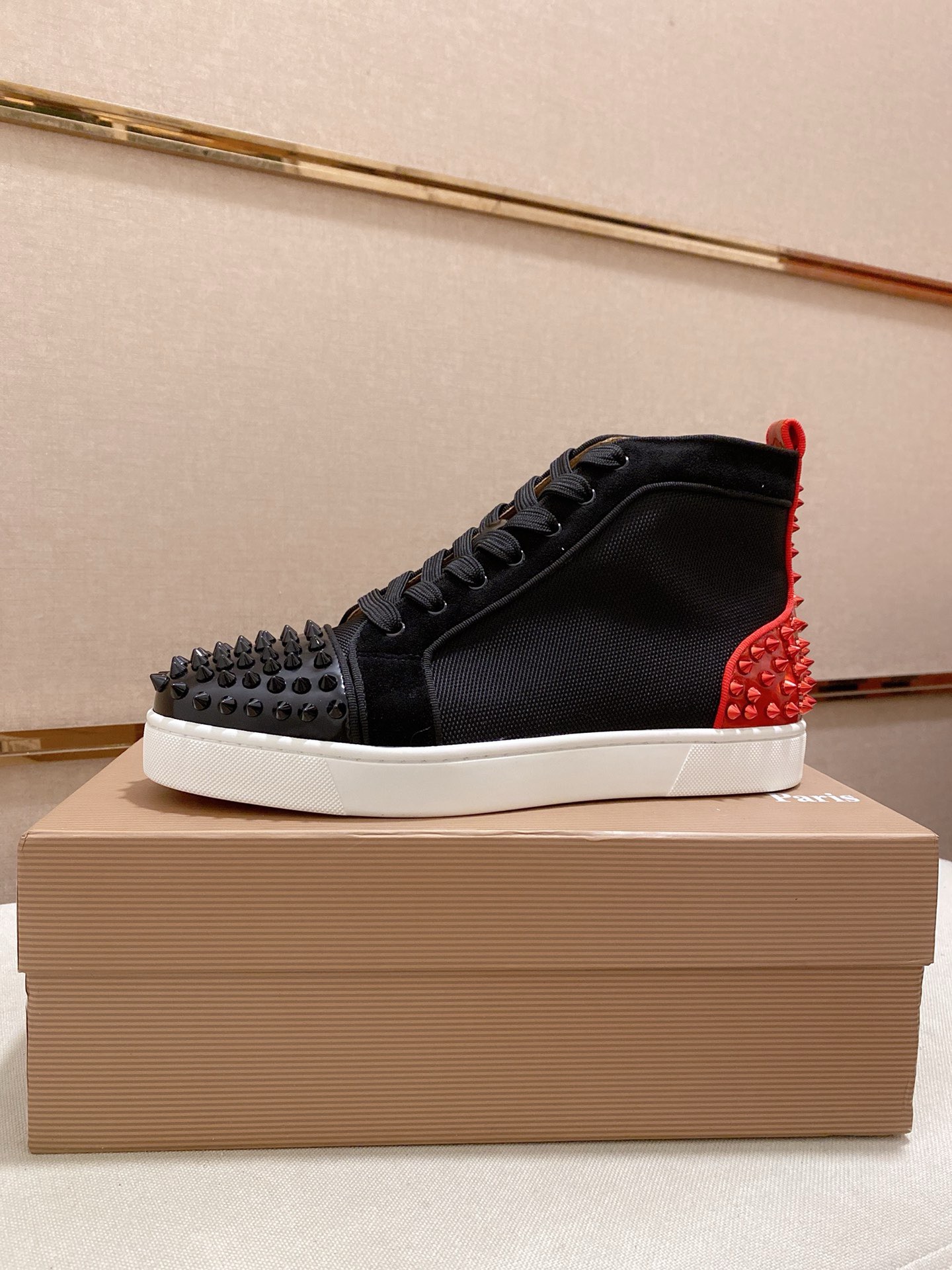 Christian Louboutin Men's Black Leather High-Top Sneakers with Red Spikes 2 i1744698200283 6219 0 0