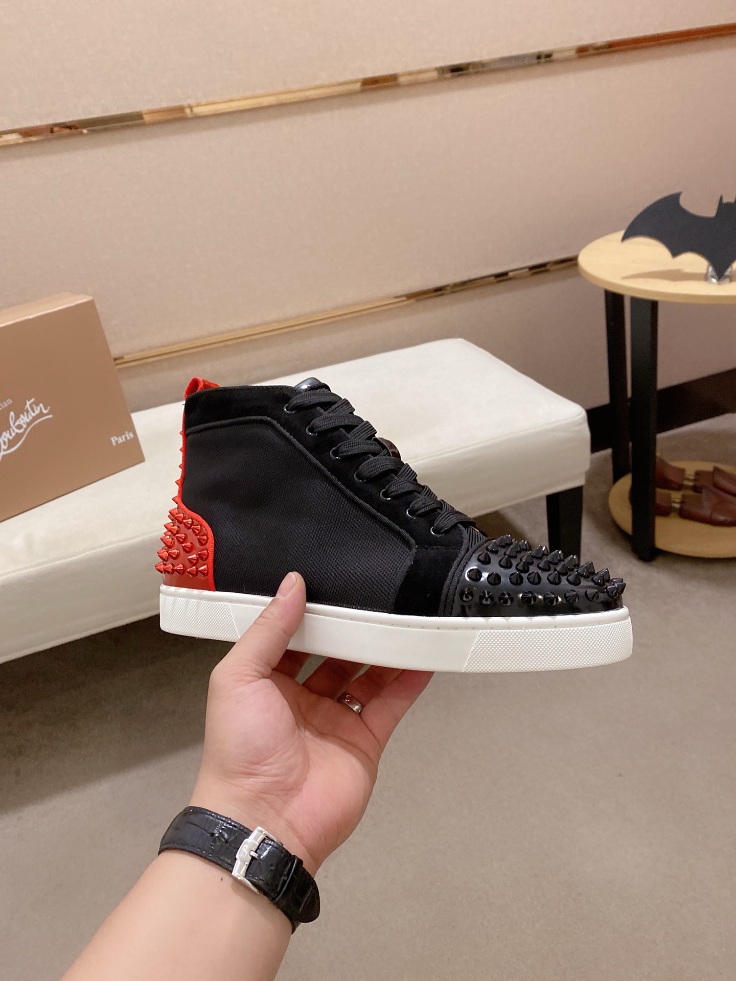 Christian Louboutin Men's Black Leather High-Top Sneakers with Red Spikes 5 i1744698200617 5395 0 3