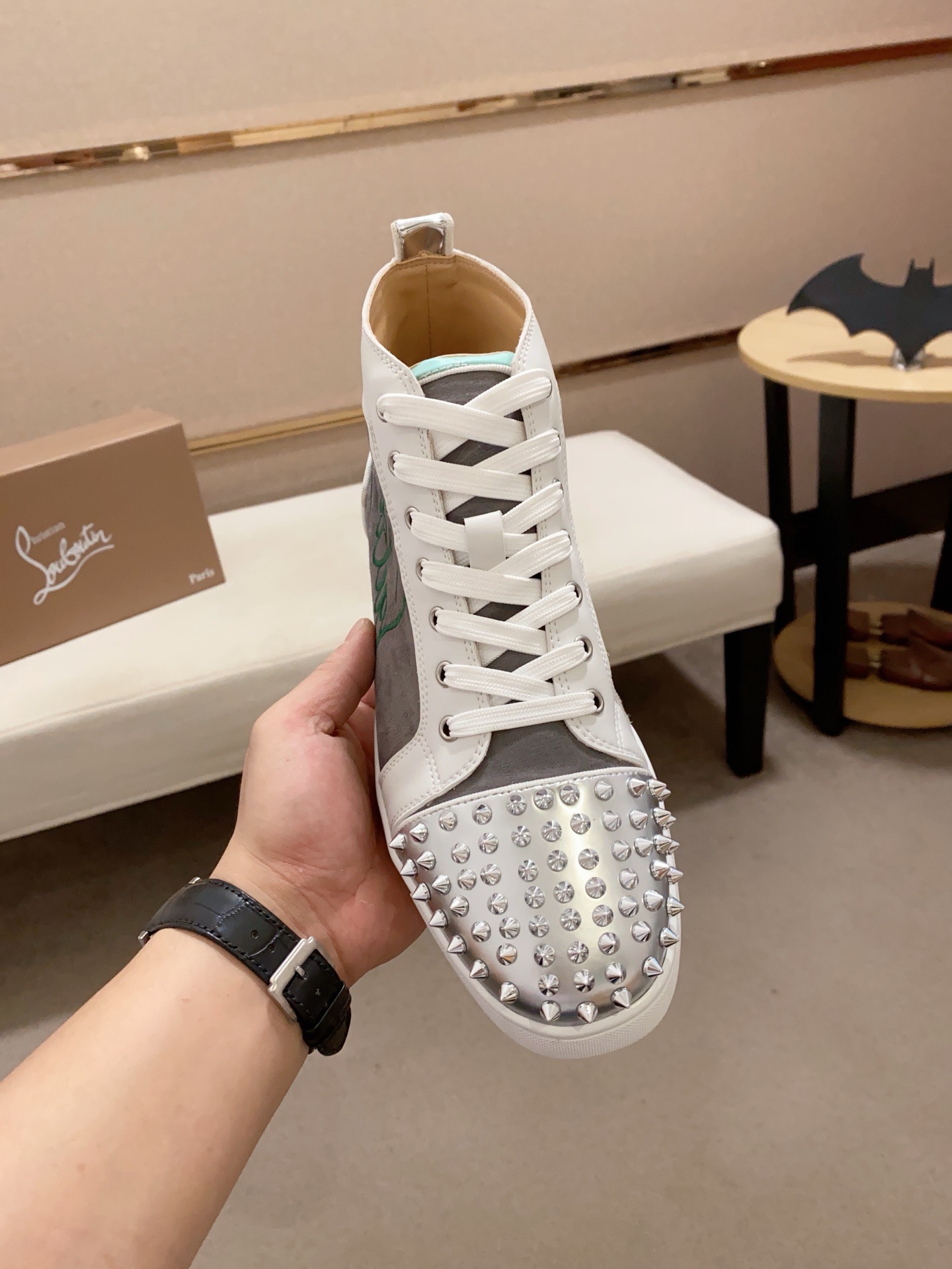 Christian Louboutin Men's Grey Suede High-Top Sneakers with Silver Spikes 3 i1744698265624 7815 0 1