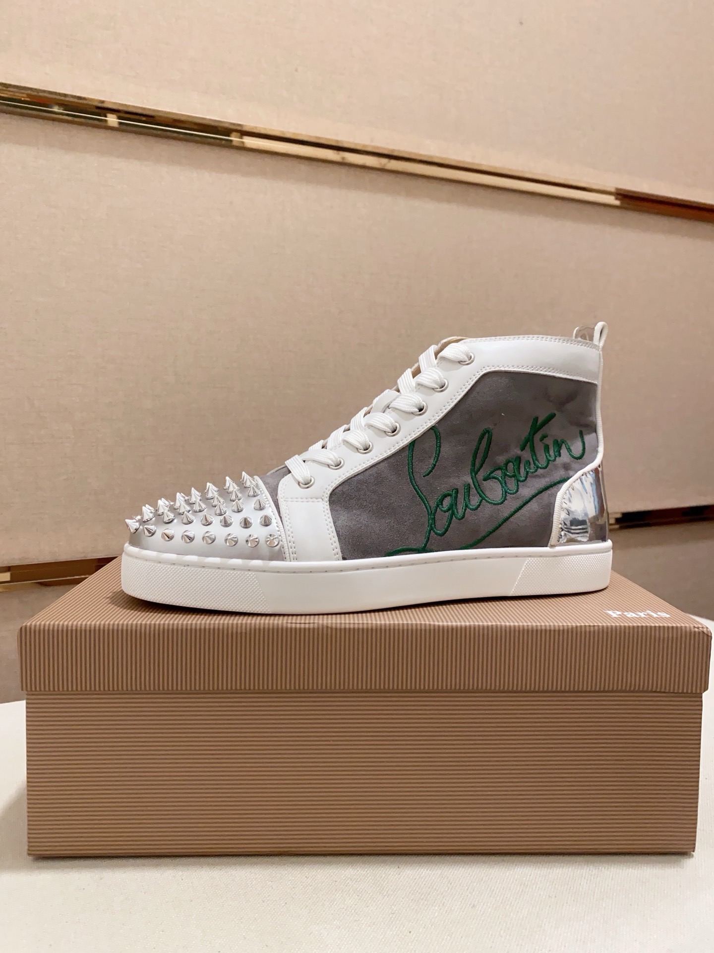 Christian Louboutin Men's Grey Suede High-Top Sneakers with Silver Spikes 1 Christian Louboutin Men's Grey Suede High-Top Sneakers with Silver Spikes