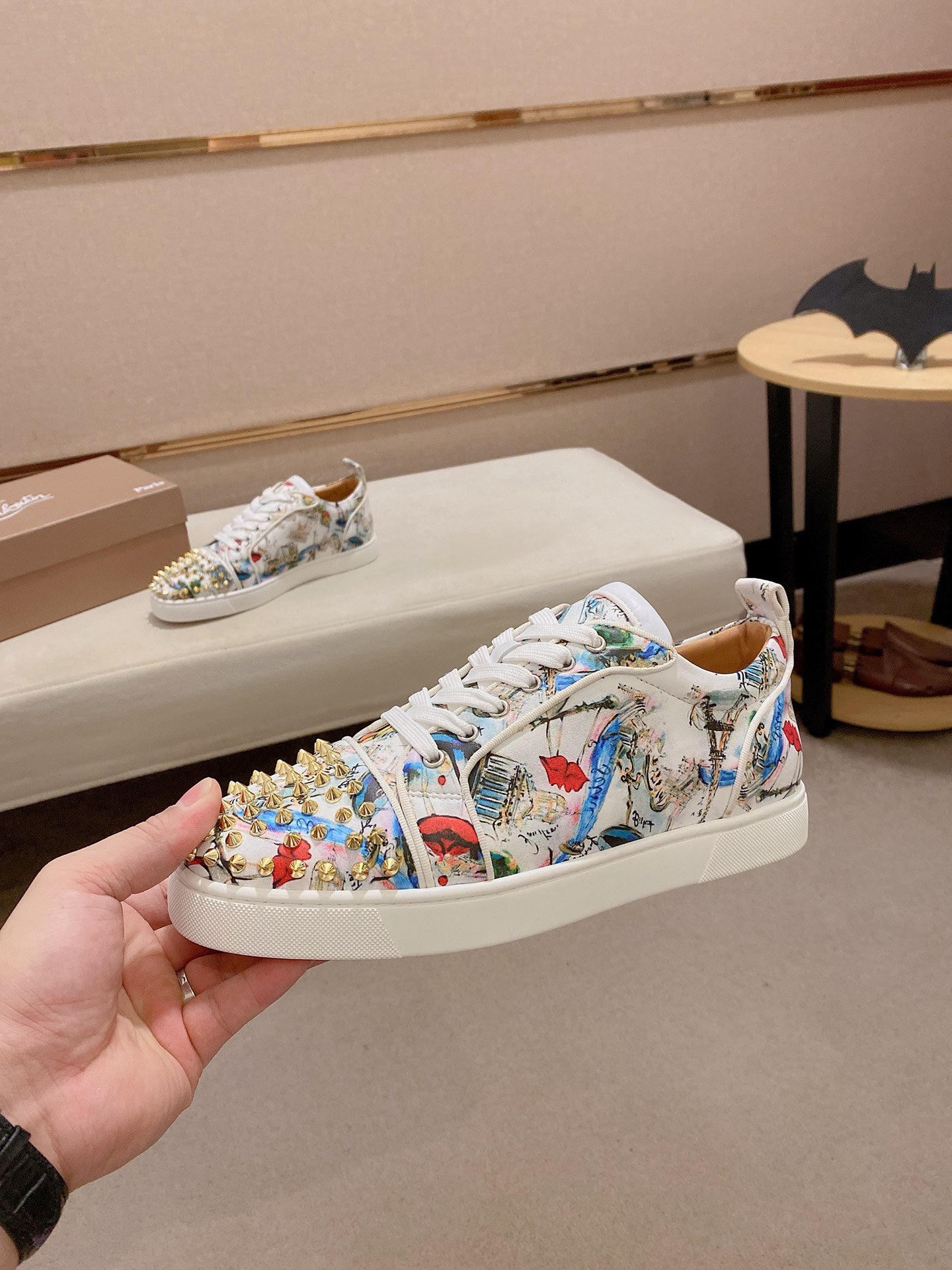 Christian Louboutin Graffiti Print Spike Sneakers Leather Lining White 4 i1744699382235 5234 0 2