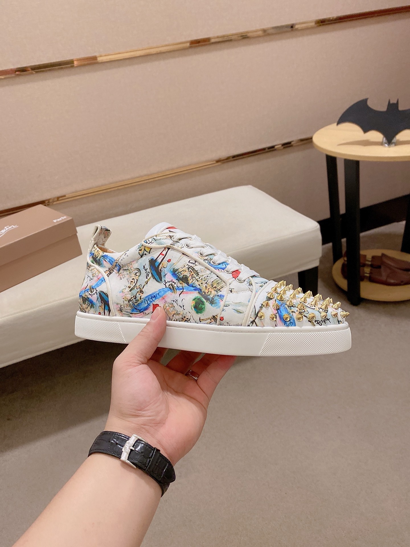 Christian Louboutin Graffiti Print Spike Sneakers Leather Lining White 5 i1744699382655 5901 0 3