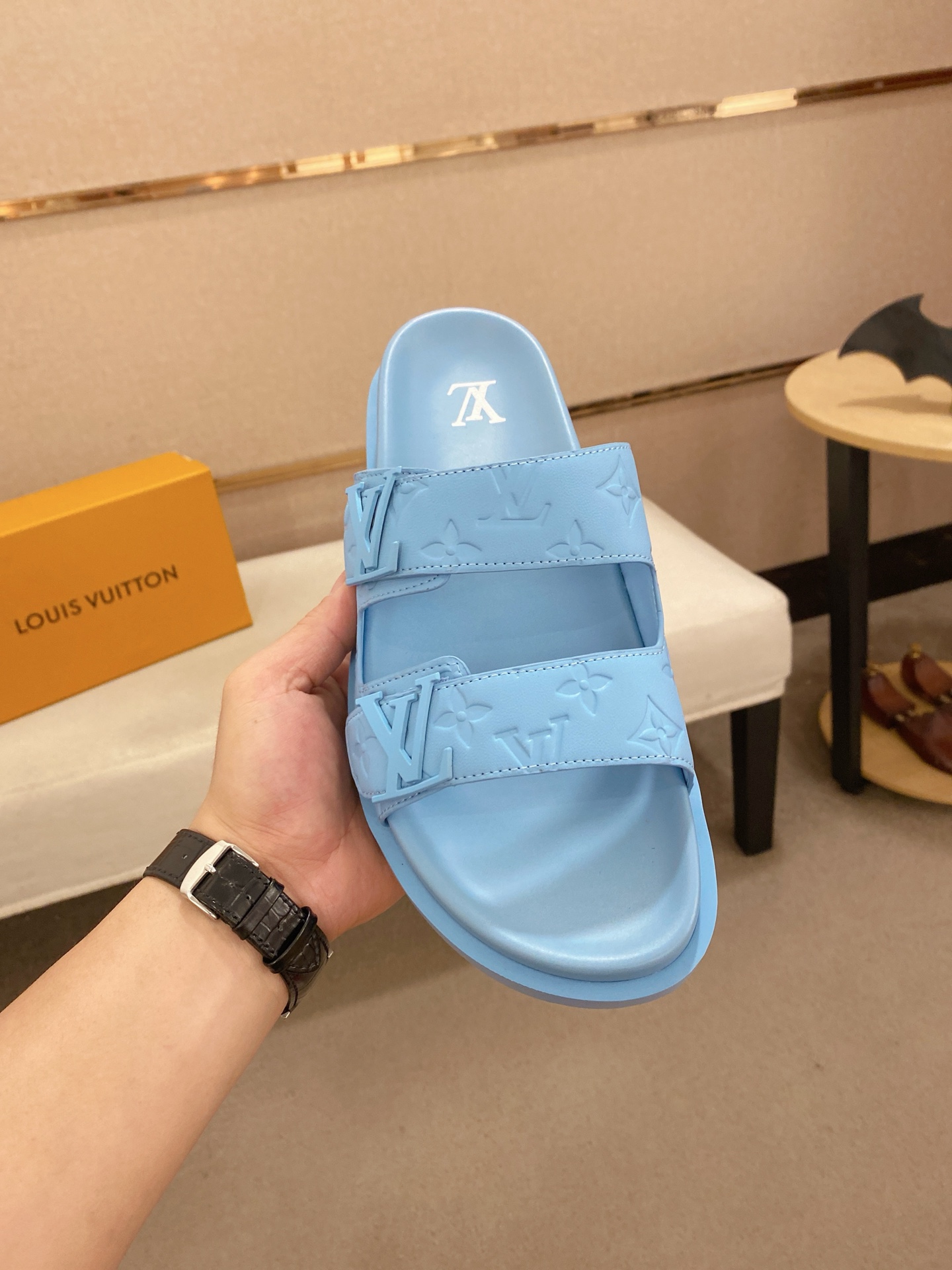 Louis Vuitton Men's Blue Leather Sandals Comfortable Summer Slides 3 i1745050531764 815 0 1