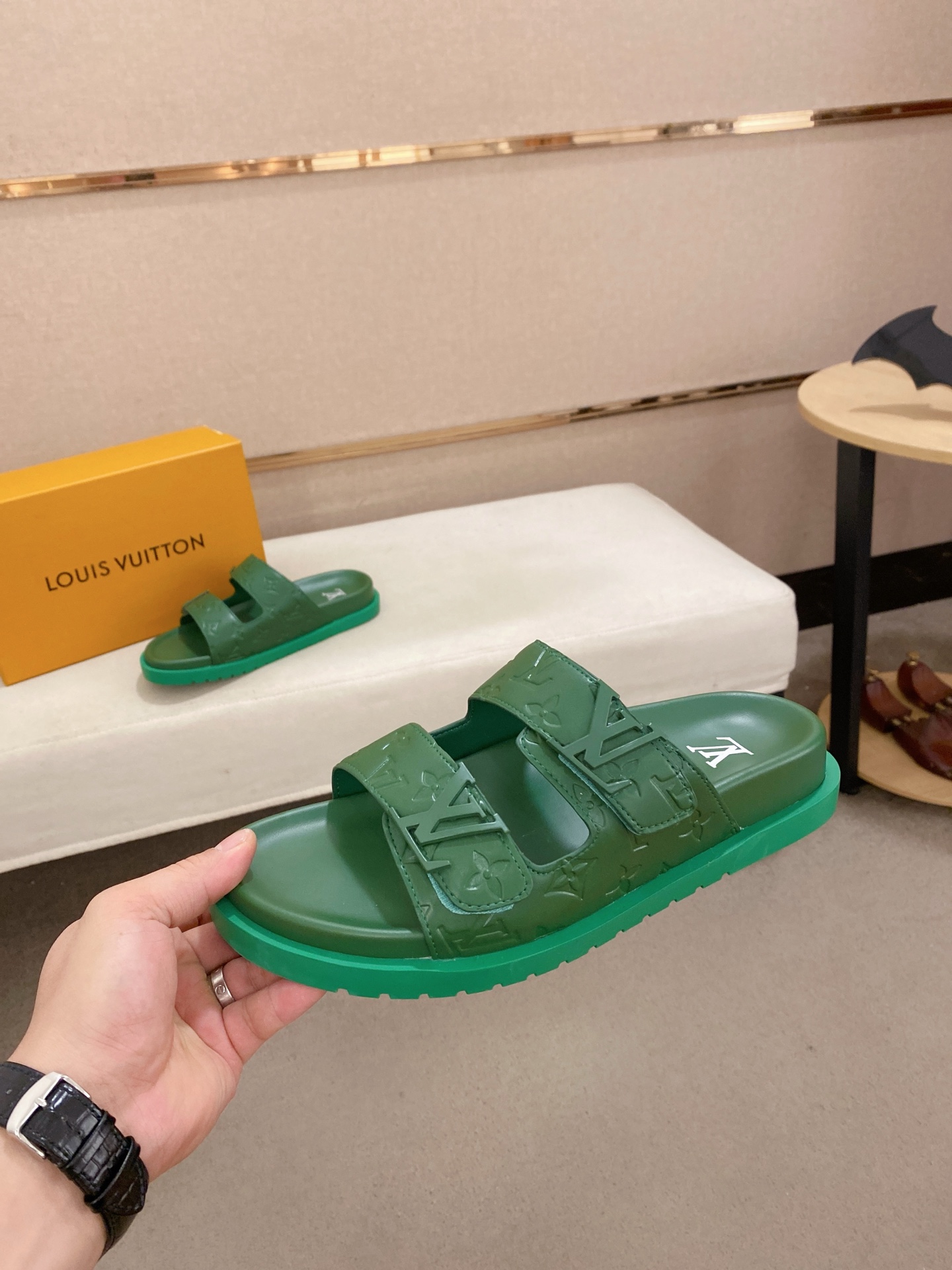 Louis Vuitton Men's Green Leather Sandals With Signature Monogram 4 i1745050709948 4311 0 2