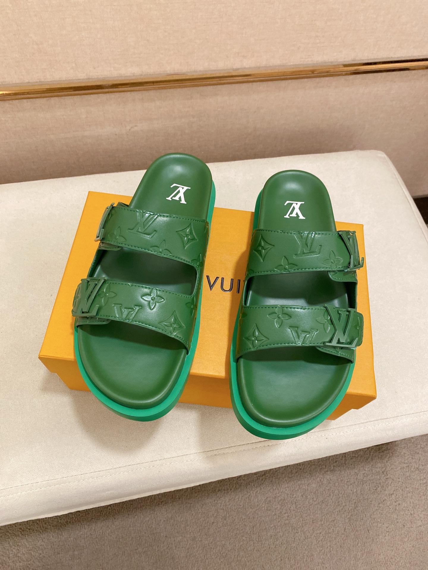 Louis Vuitton Men's Green Leather Sandals With Signature Monogram 8 i1745050709968 2200 0 6
