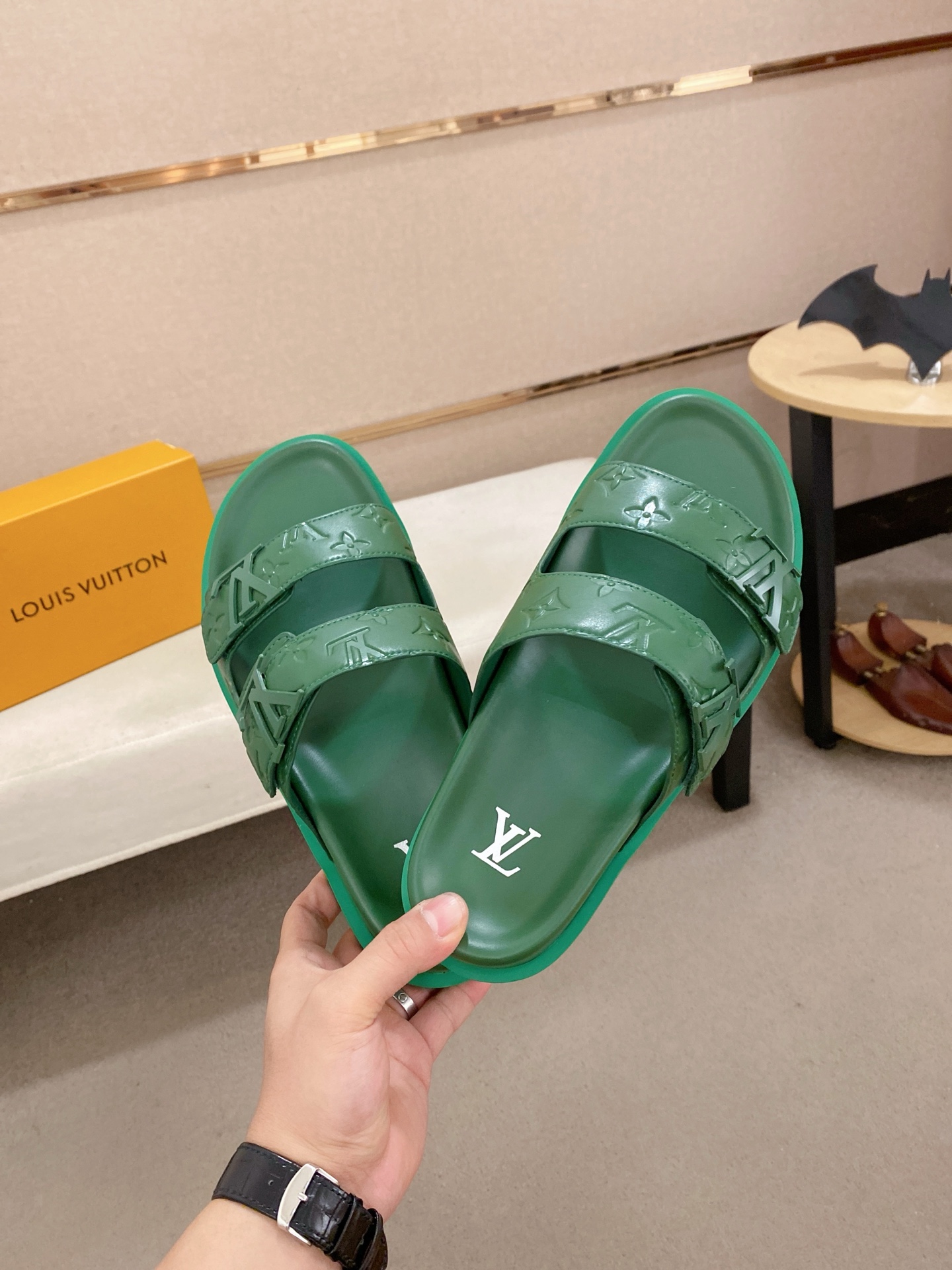 Louis Vuitton Men's Green Leather Sandals With Signature Monogram 6 i1745050709974 5588 0 4