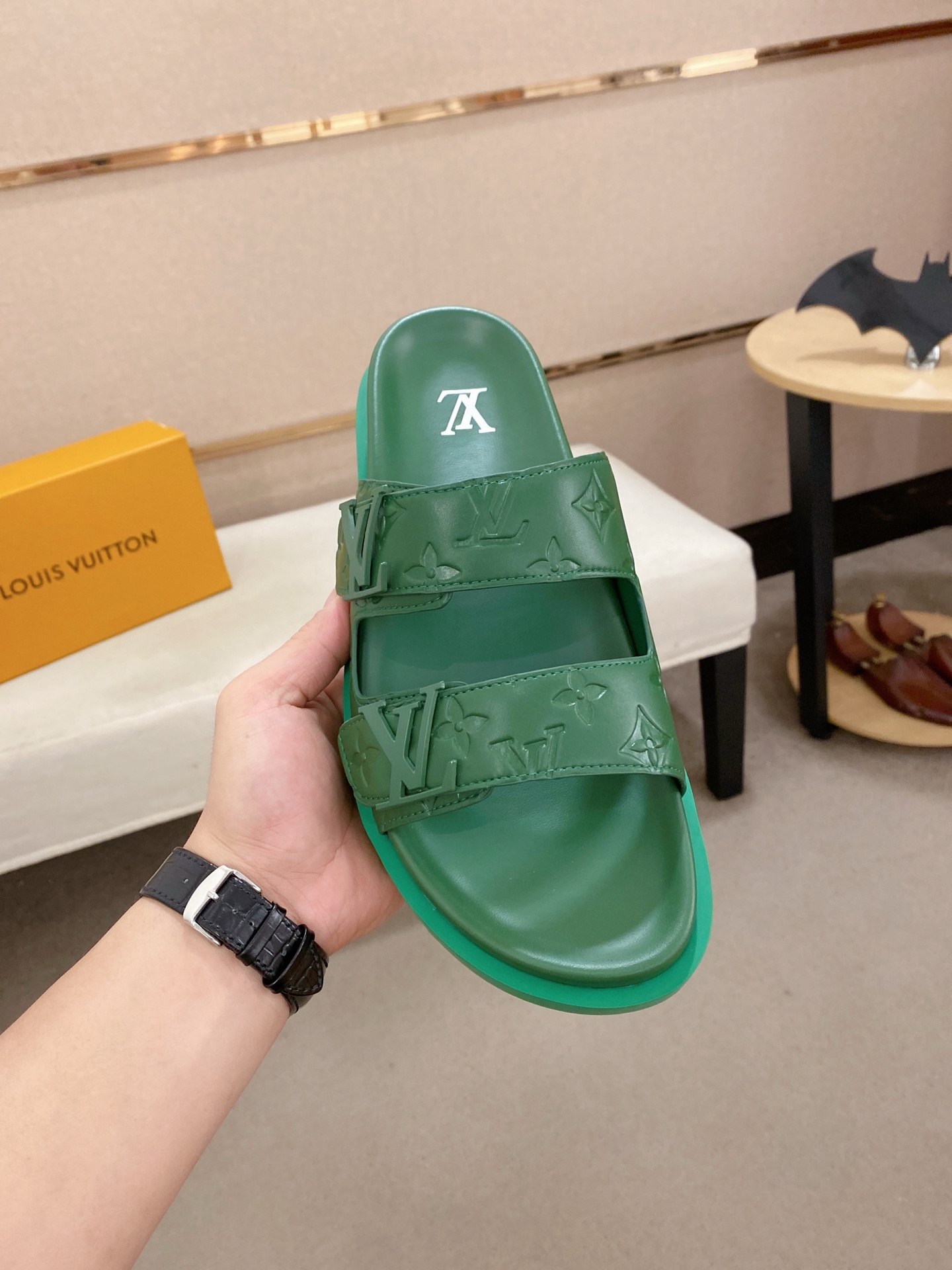 Louis Vuitton Men's Green Leather Sandals With Signature Monogram 3 i1745050710904 6755 0 1
