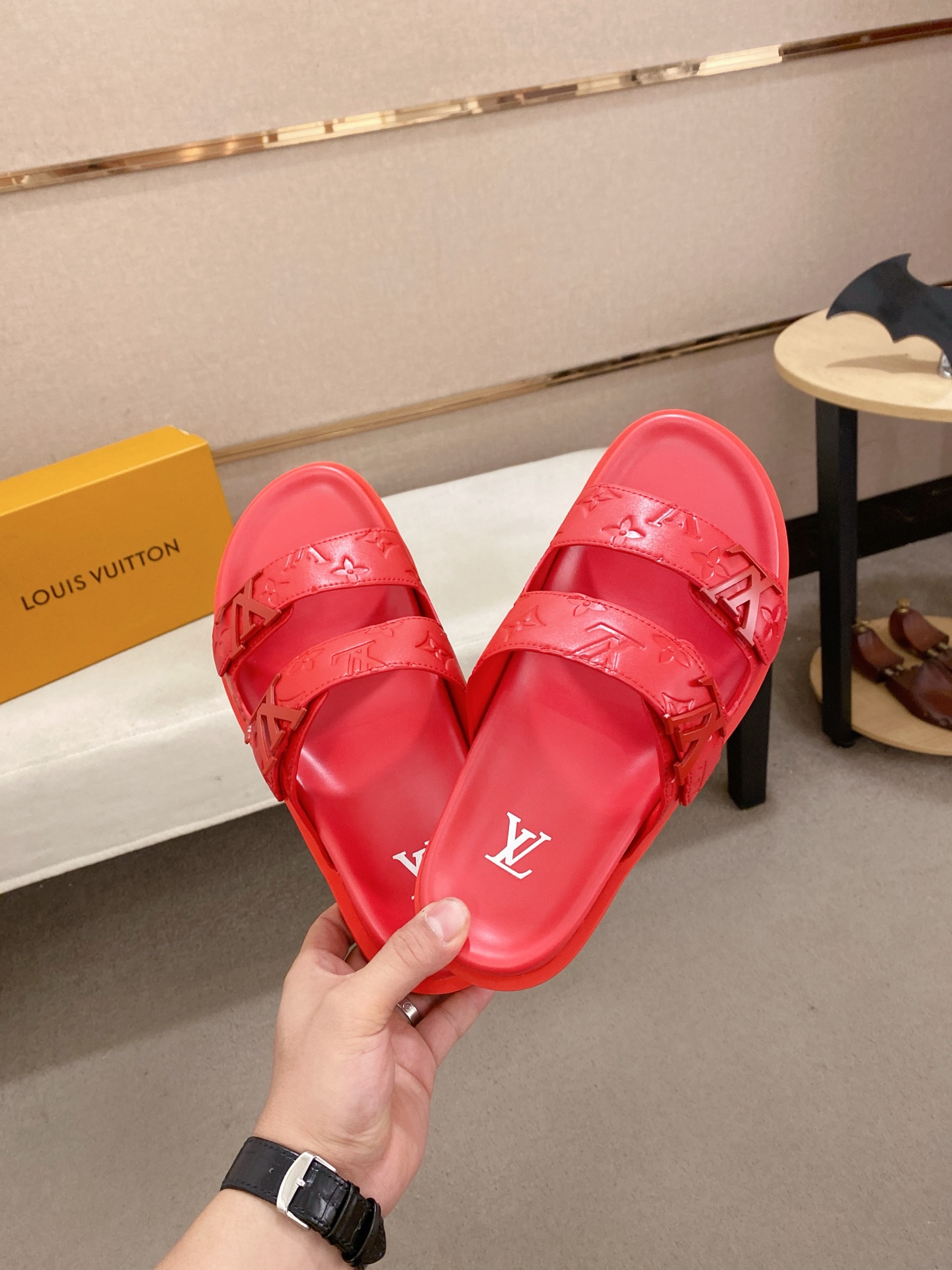 Louis Vuitton Men's Red Leather Sandals With Signature Monogram, Size 38-44 6 i1745050772895 8535 0 4