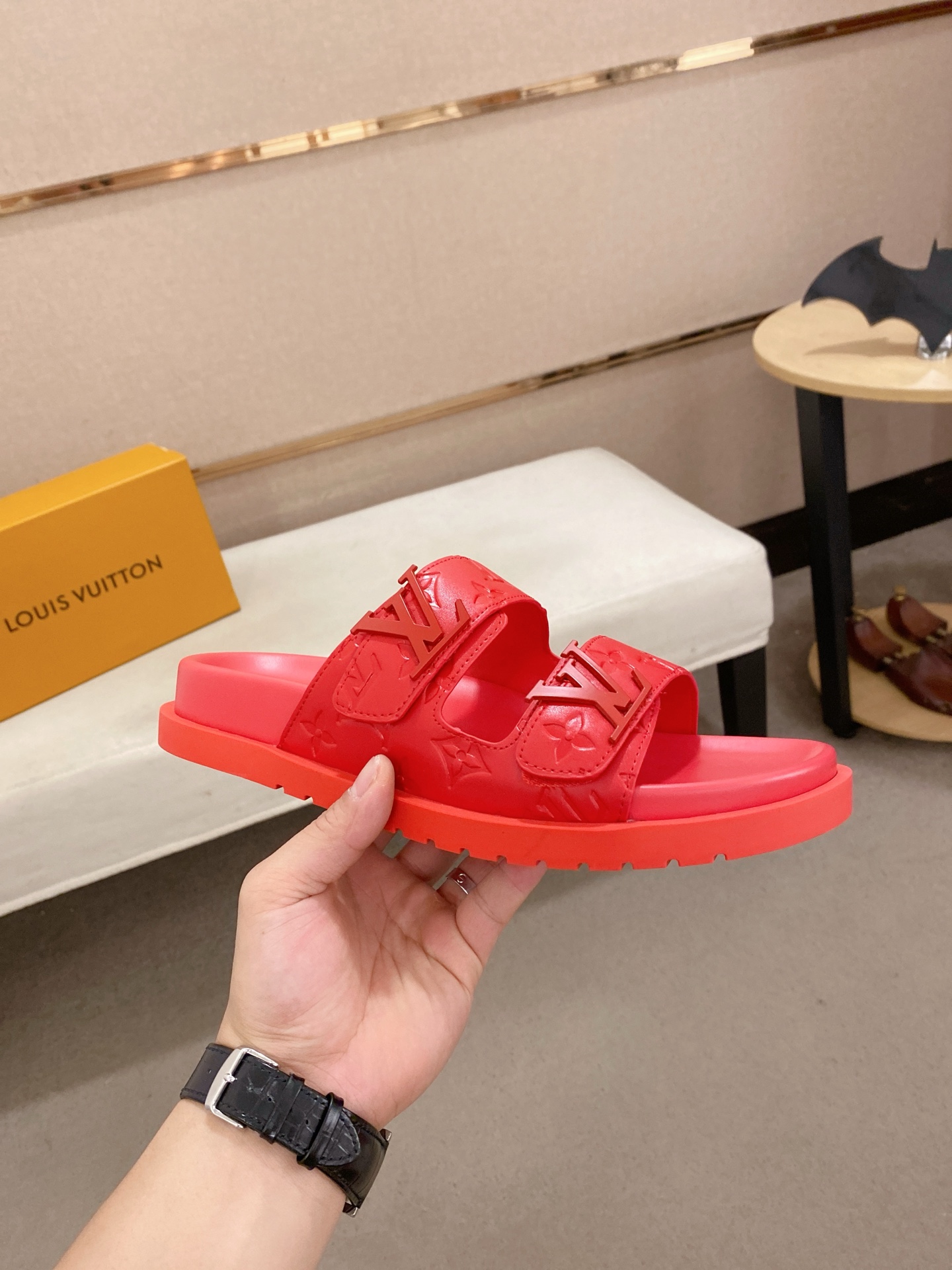 Louis Vuitton Men's Red Leather Sandals With Signature Monogram, Size 38-44 5 i1745050773972 2177 0 3