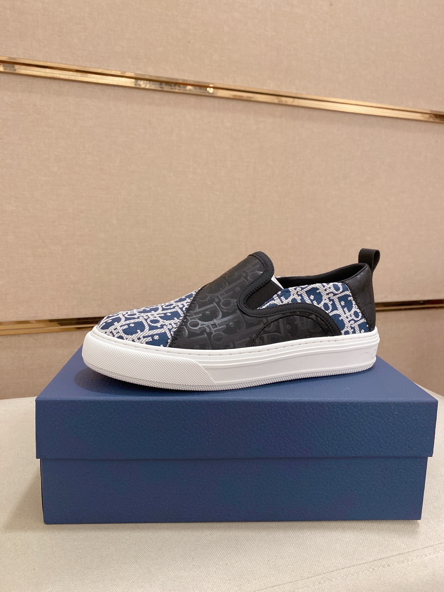 Dior Men's Slip-On Sneaker in Blue Dior Oblique Embroidery 1 Dior Men's Slip-On Sneaker in Blue Dior Oblique Embroidery