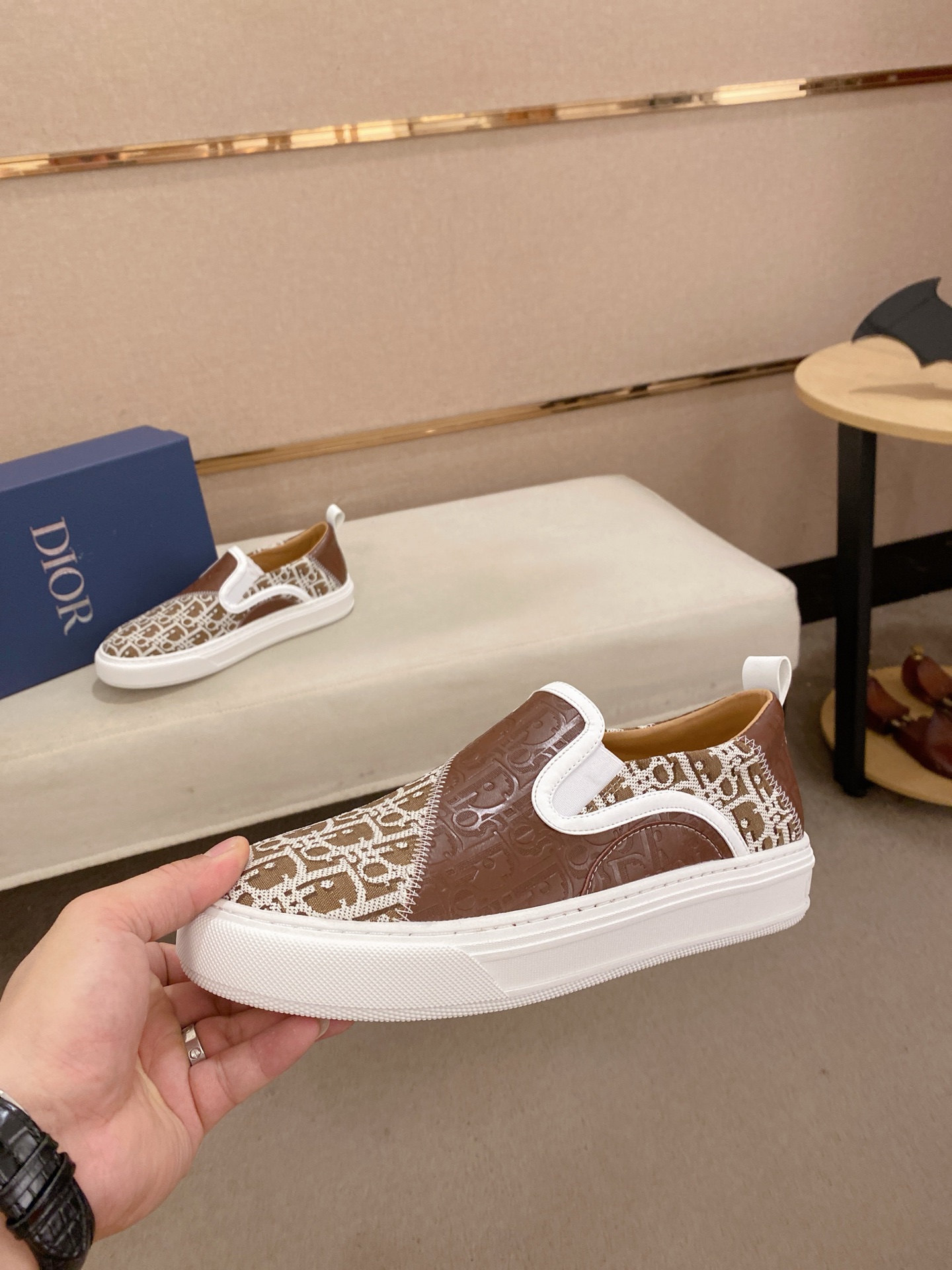 Dior Men's Brown Leather Slip-On Sneakers with Embroidered Fabric Detail 4 i1745220559944 5505 0 2