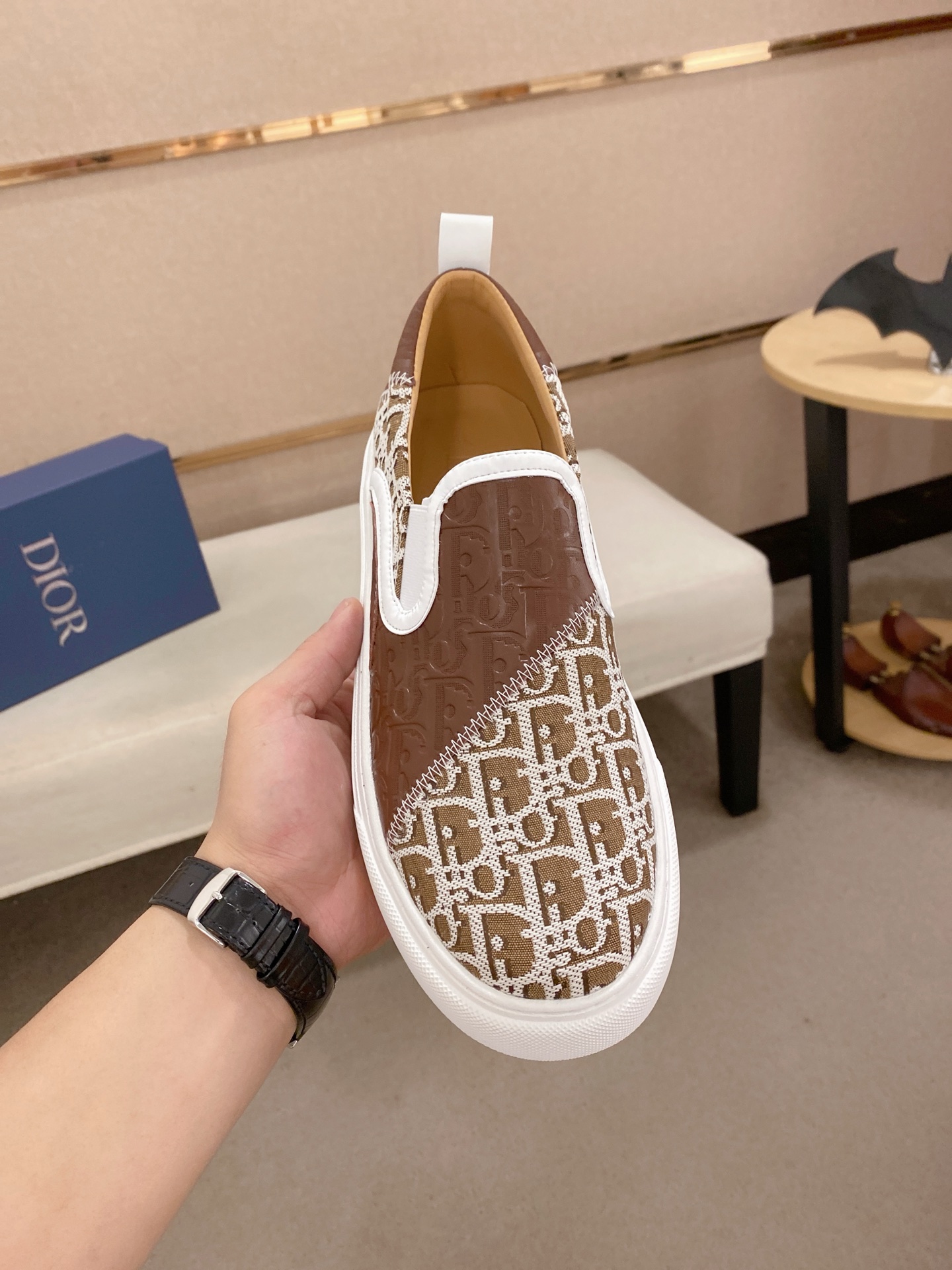 Dior Men's Brown Leather Slip-On Sneakers with Embroidered Fabric Detail 3 i1745220559970 2115 0 1