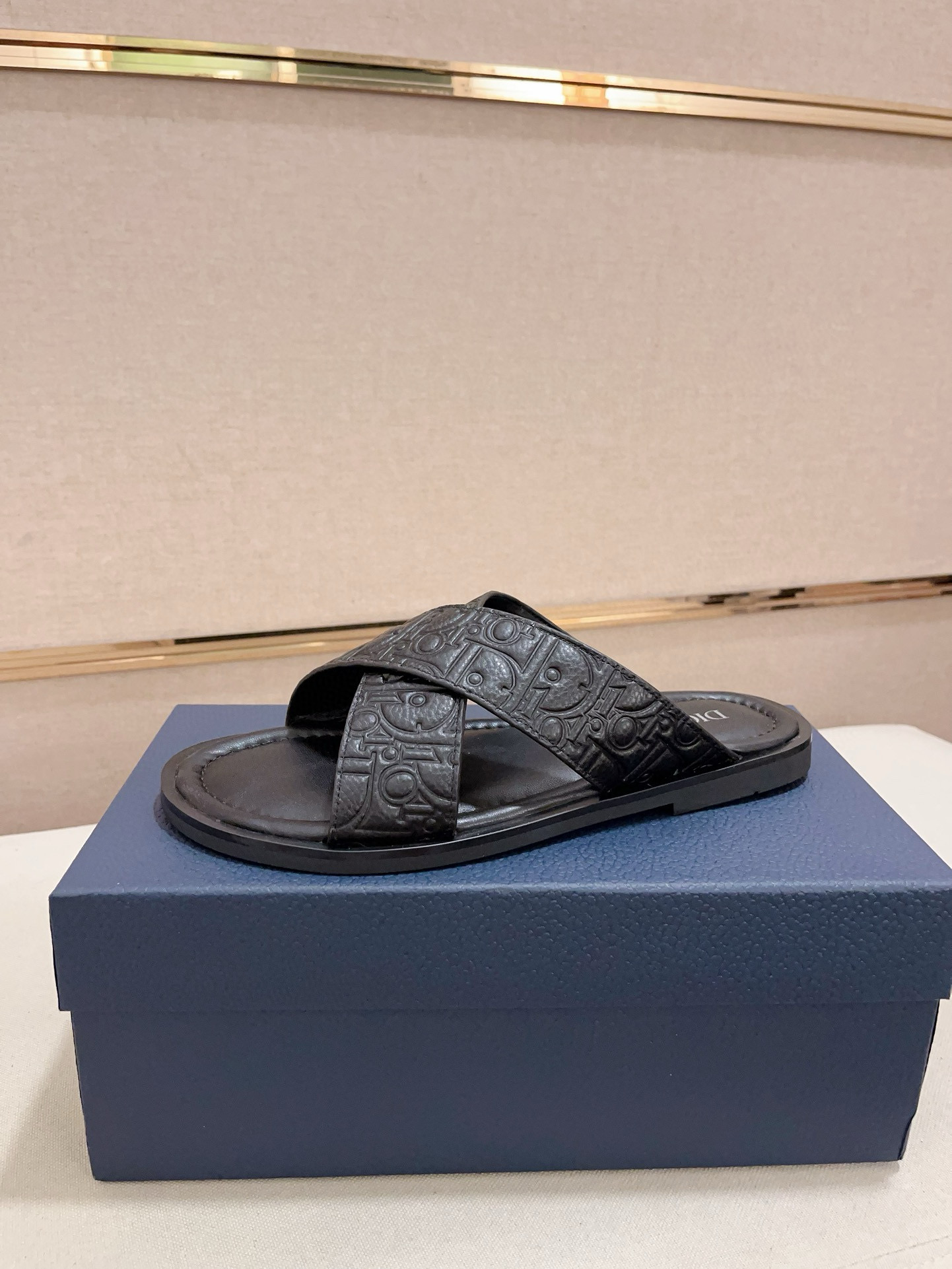 Dior Men's D-Way Sandal in Black Dior Oblique Embossed Leather, Size 38-45 1 Dior Men's D-Way Sandal in Black Dior Oblique Embossed Leather, Size 38-45