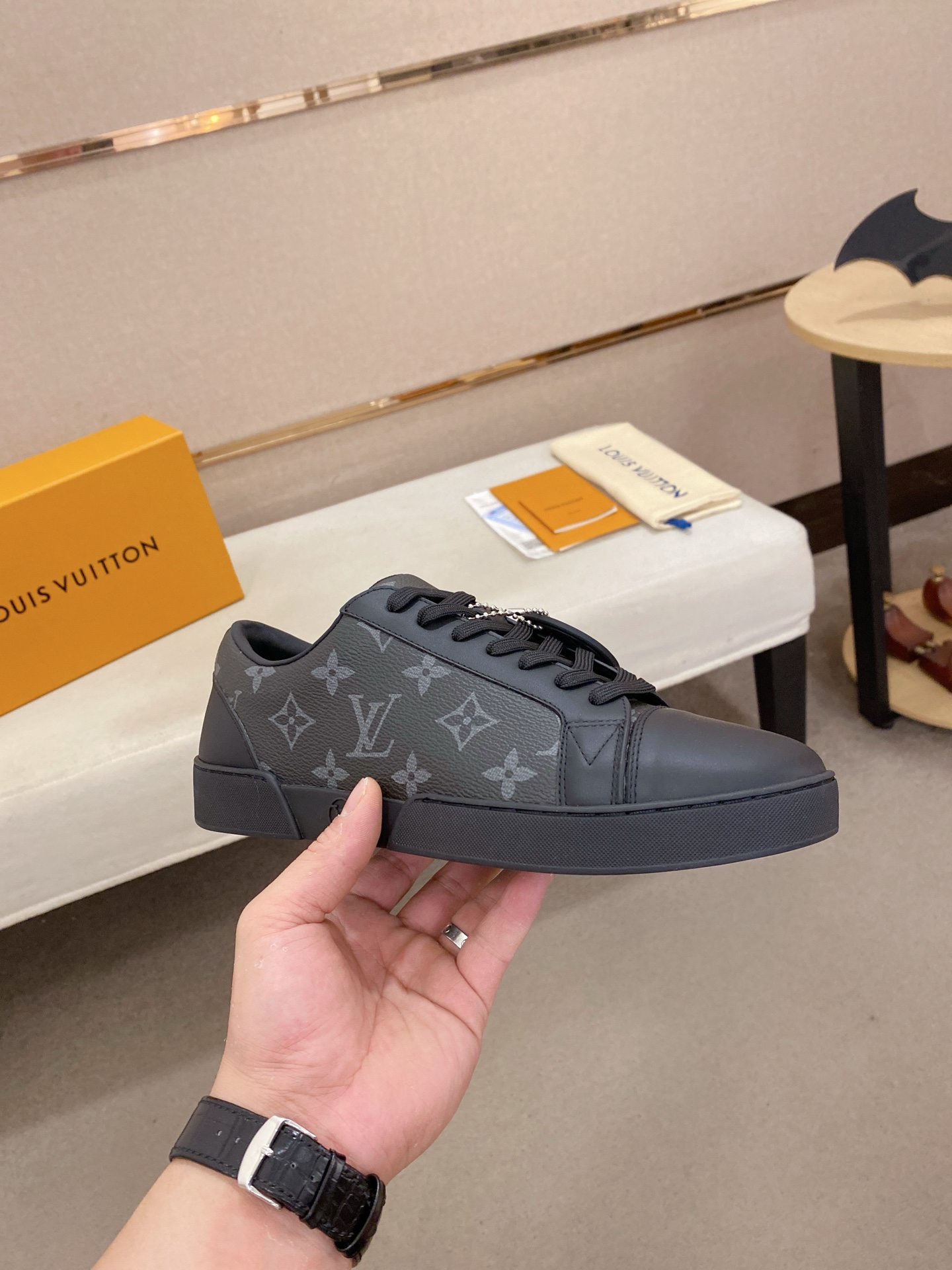 Louis Vuitton Men's Leather Sneaker with Monogram Print, Black 5 i1746514918606 9935 0 3
