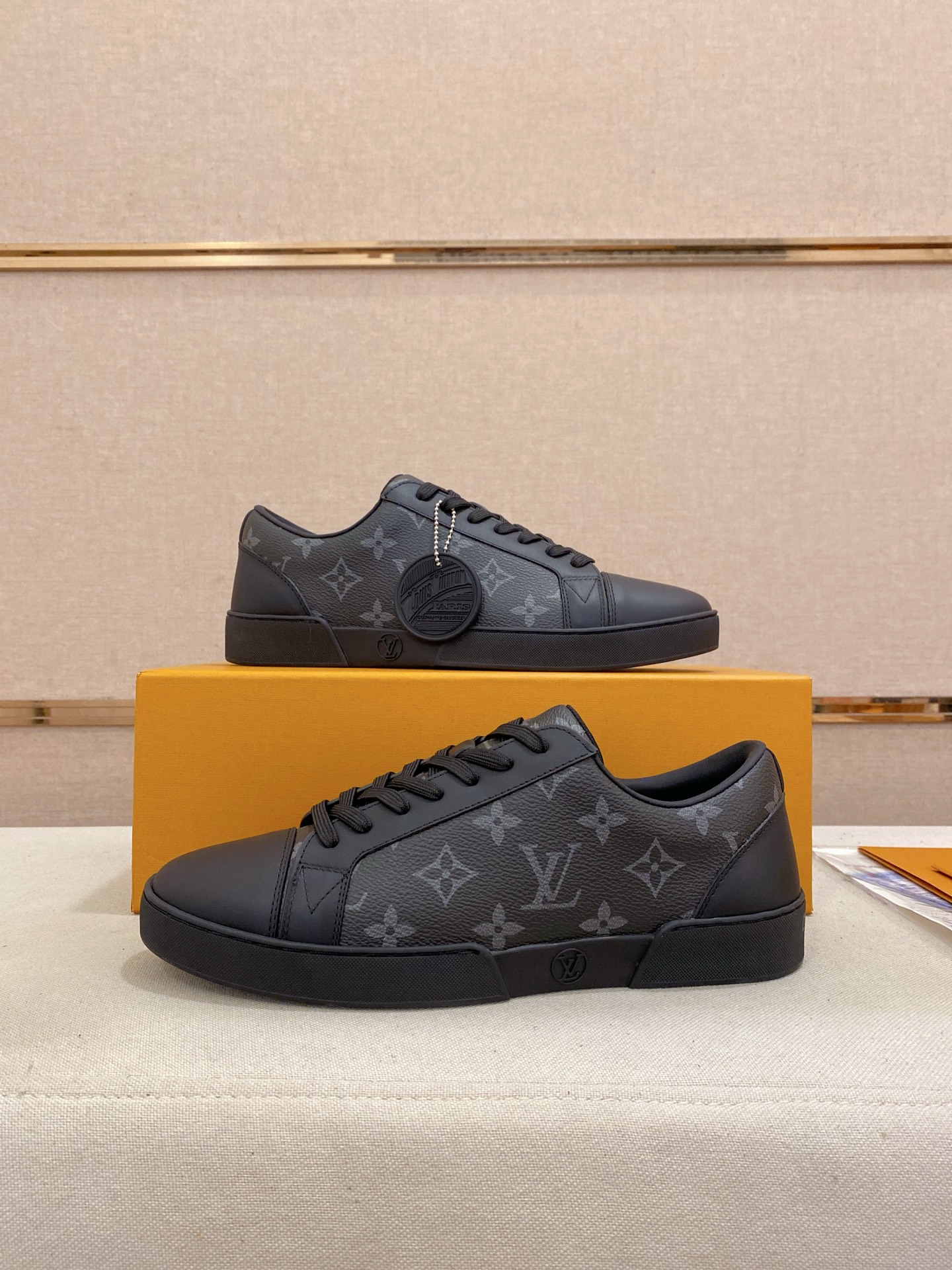 Louis Vuitton Men's Leather Sneaker with Monogram Print, Black 8 i1746514918667 6460 0 6