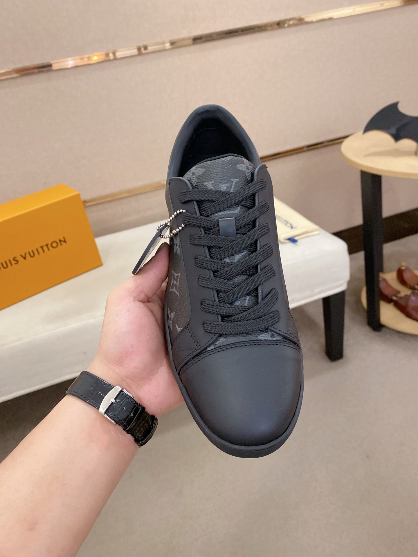 Louis Vuitton Men's Leather Sneaker with Monogram Print, Black 3 i1746514920047 351 0 1