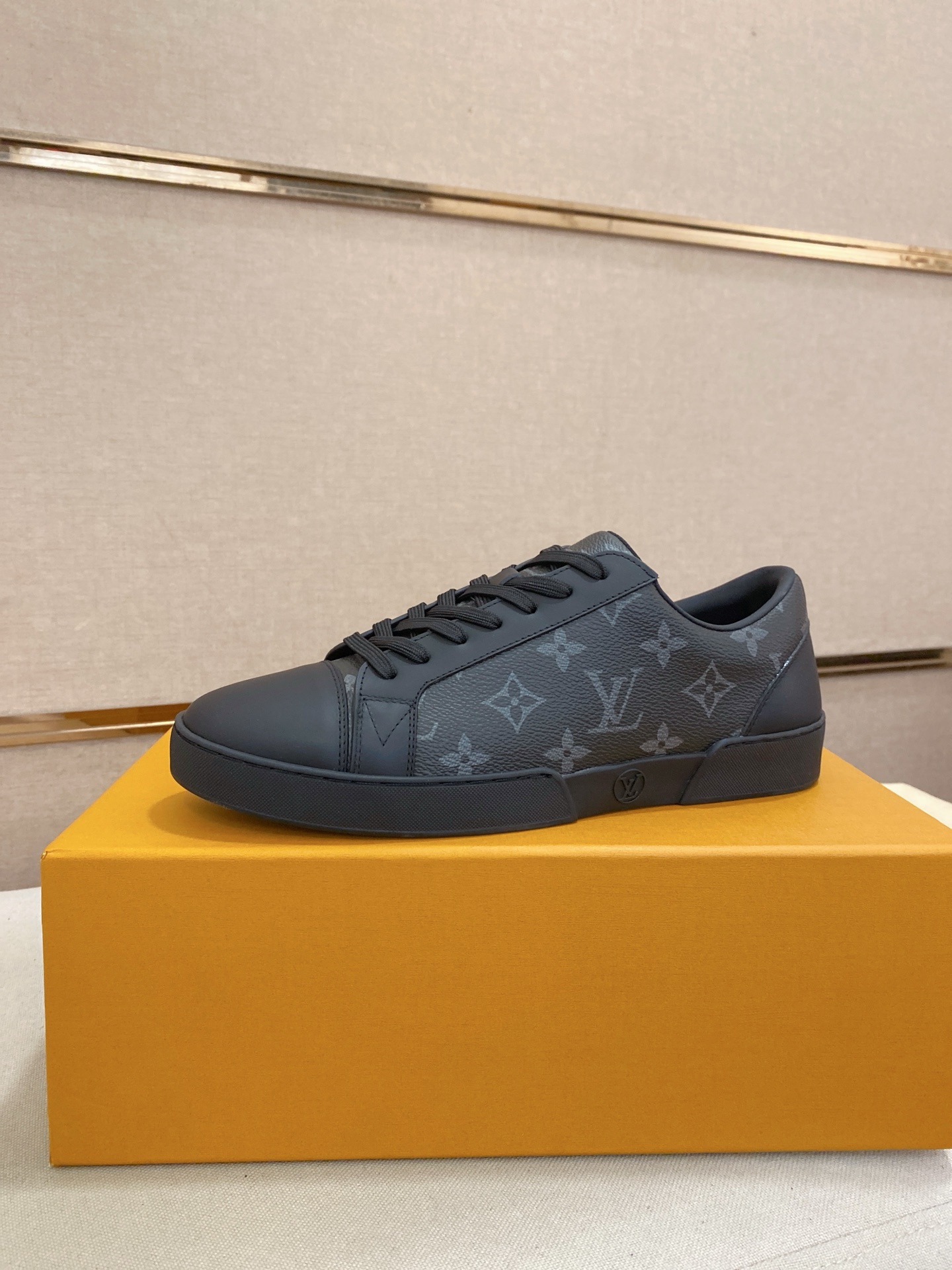 Louis Vuitton Men's Leather Sneaker with Monogram Print, Black 1 Louis Vuitton Men's Leather Sneaker with Monogram Print, Black