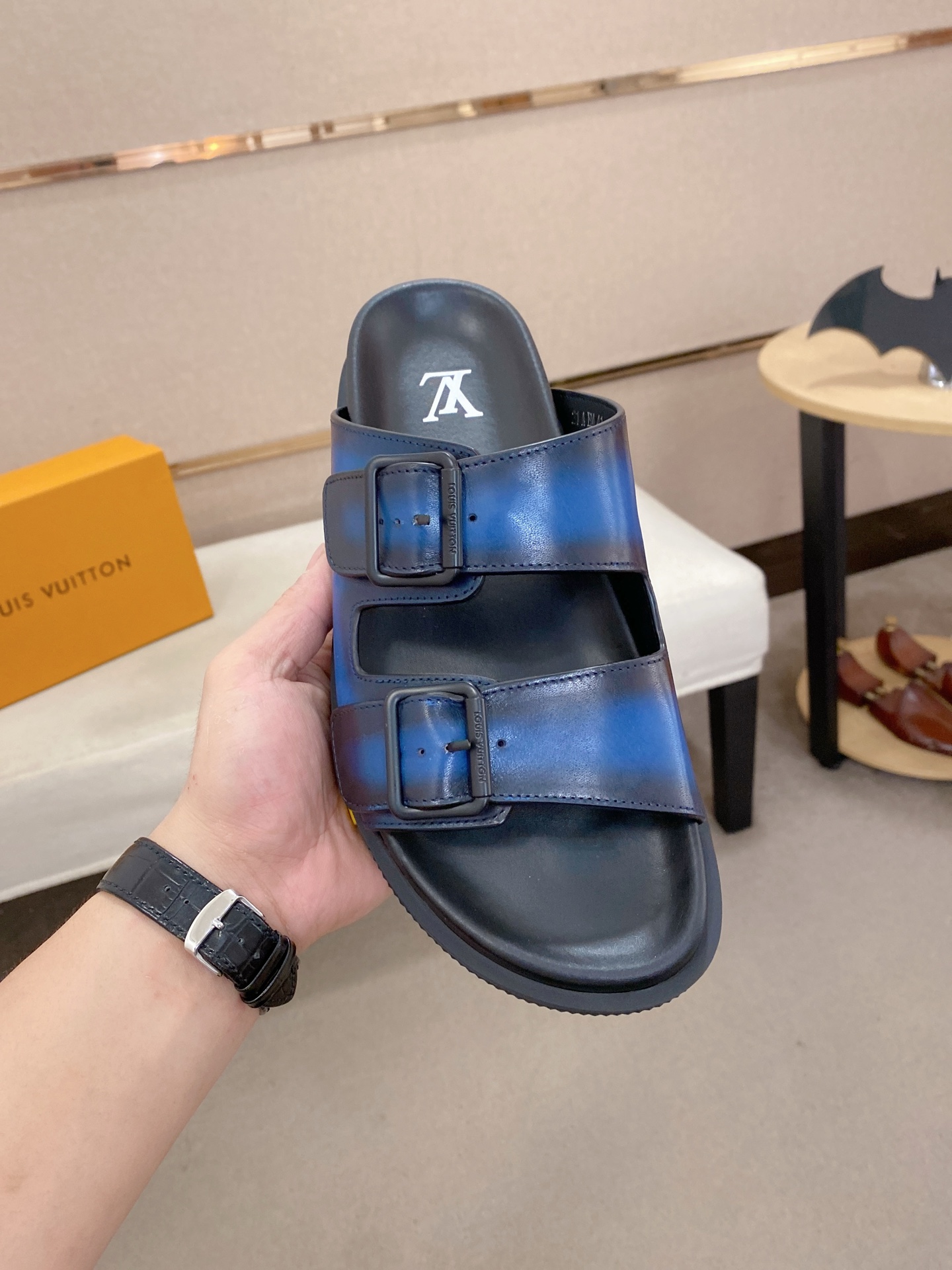 Louis Vuitton Men's Blue Leather Sandals | Buckle Strap Slip-Ons - Size 38-44 3 i1746858465439 6929 0 1