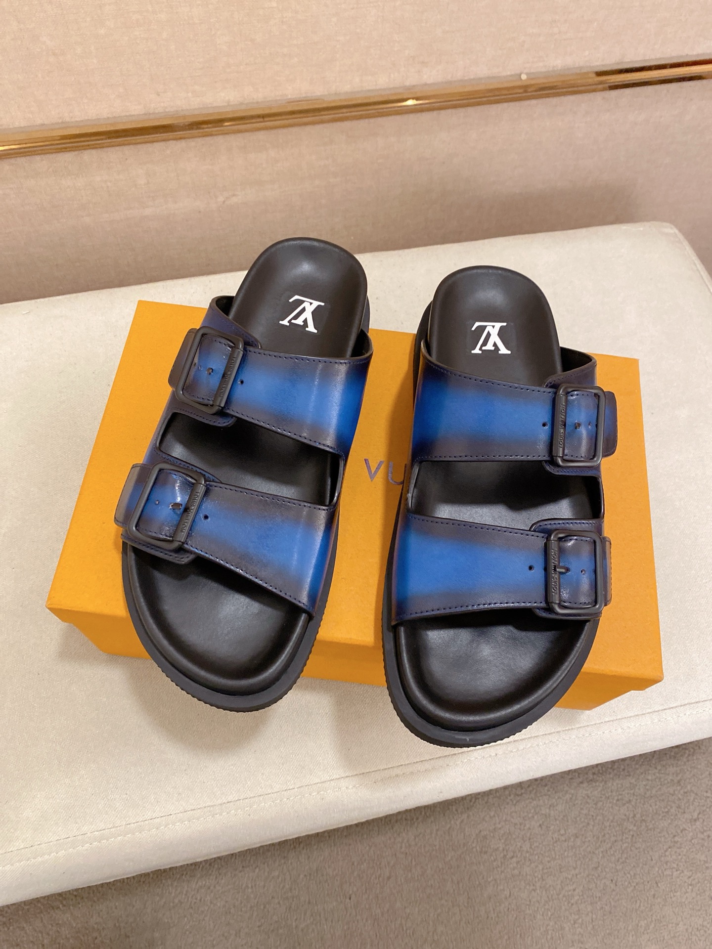 Louis Vuitton Men's Blue Leather Sandals | Buckle Strap Slip-Ons - Size 38-44 7 i1746858466637 51 0 5