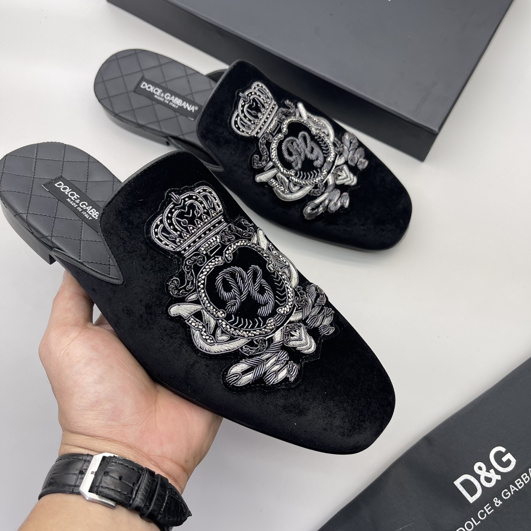Dolce & Gabbana Velvet Embroidered Men's Mules Slides, Size 38-45