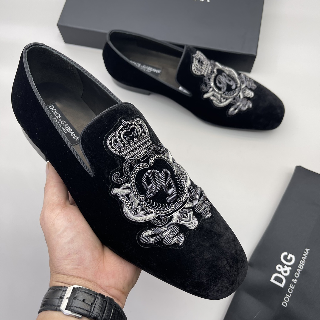 Dolce & Gabbana Velvet Loafers with Hand-Embroidered Crest, Size 38-45