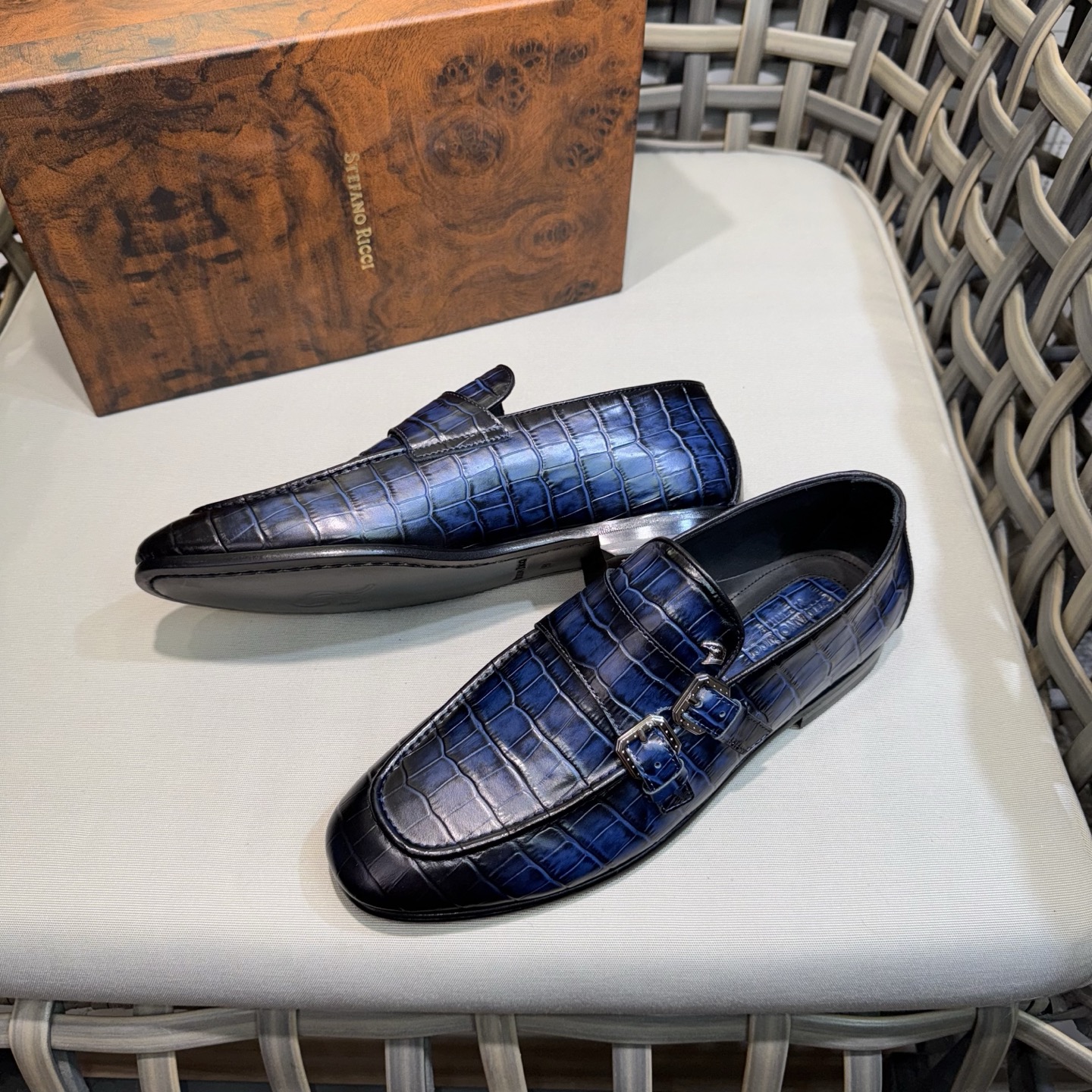 Stefano Ricci Men's Leather Monk Strap Loafers, Blue Alligator Dress Shoes 5 i1744143117817 3558 0 3