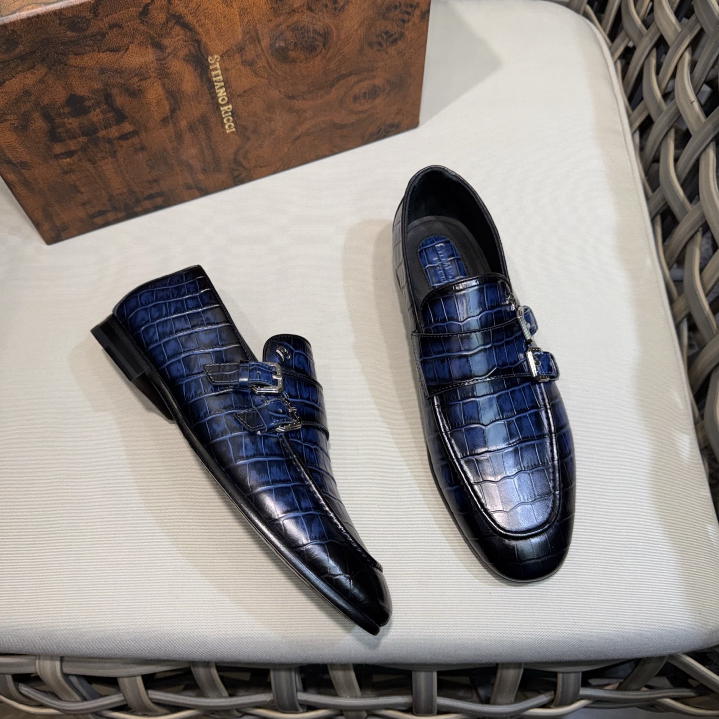 Stefano Ricci Men's Leather Monk Strap Loafers, Blue Alligator Dress Shoes 4 i1744143117903 461 0 2