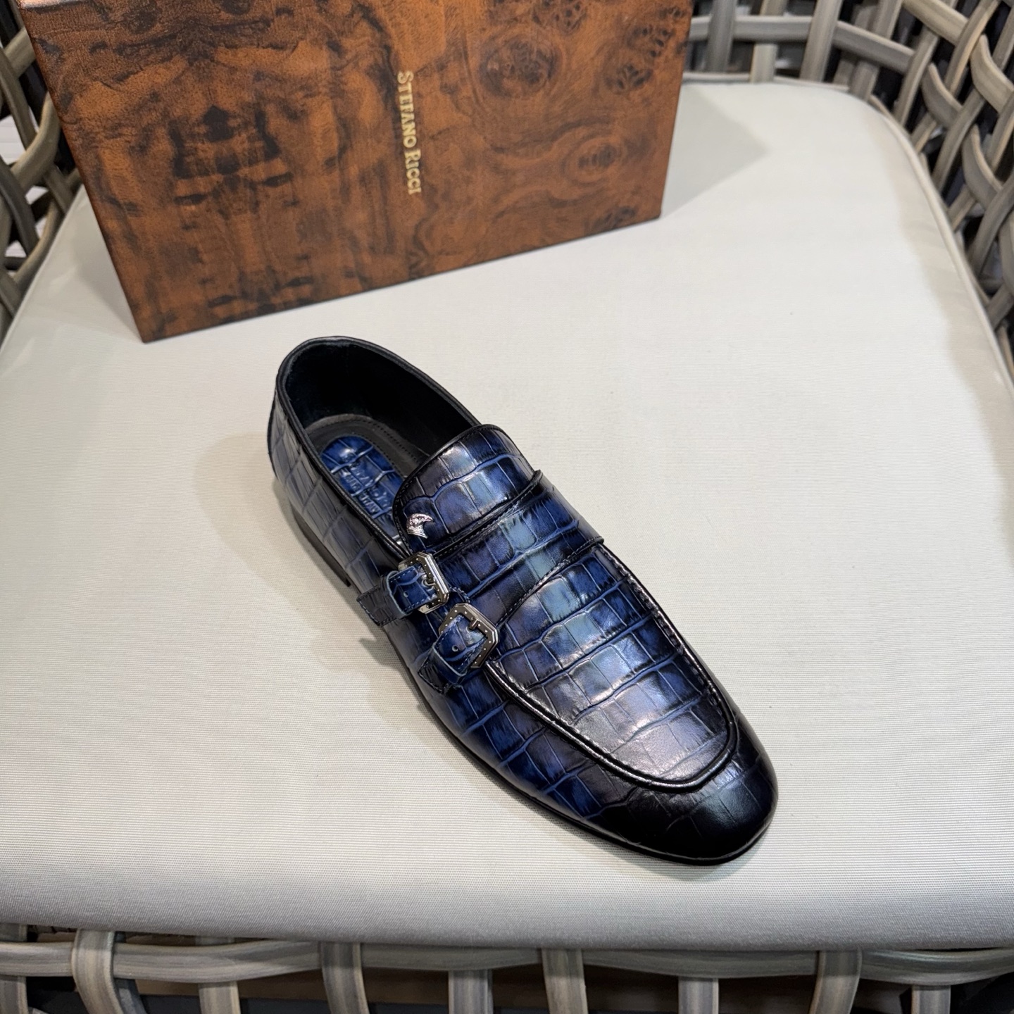 Stefano Ricci Men's Leather Monk Strap Loafers, Blue Alligator Dress Shoes 6 i1744143118000 6527 0 4