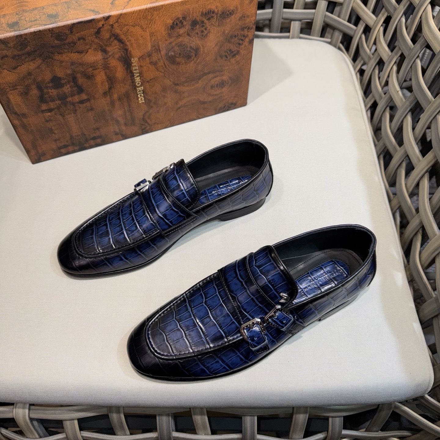 Stefano Ricci Men's Leather Monk Strap Loafers, Blue Alligator Dress Shoes 3 i1744143119073 7028 0 1