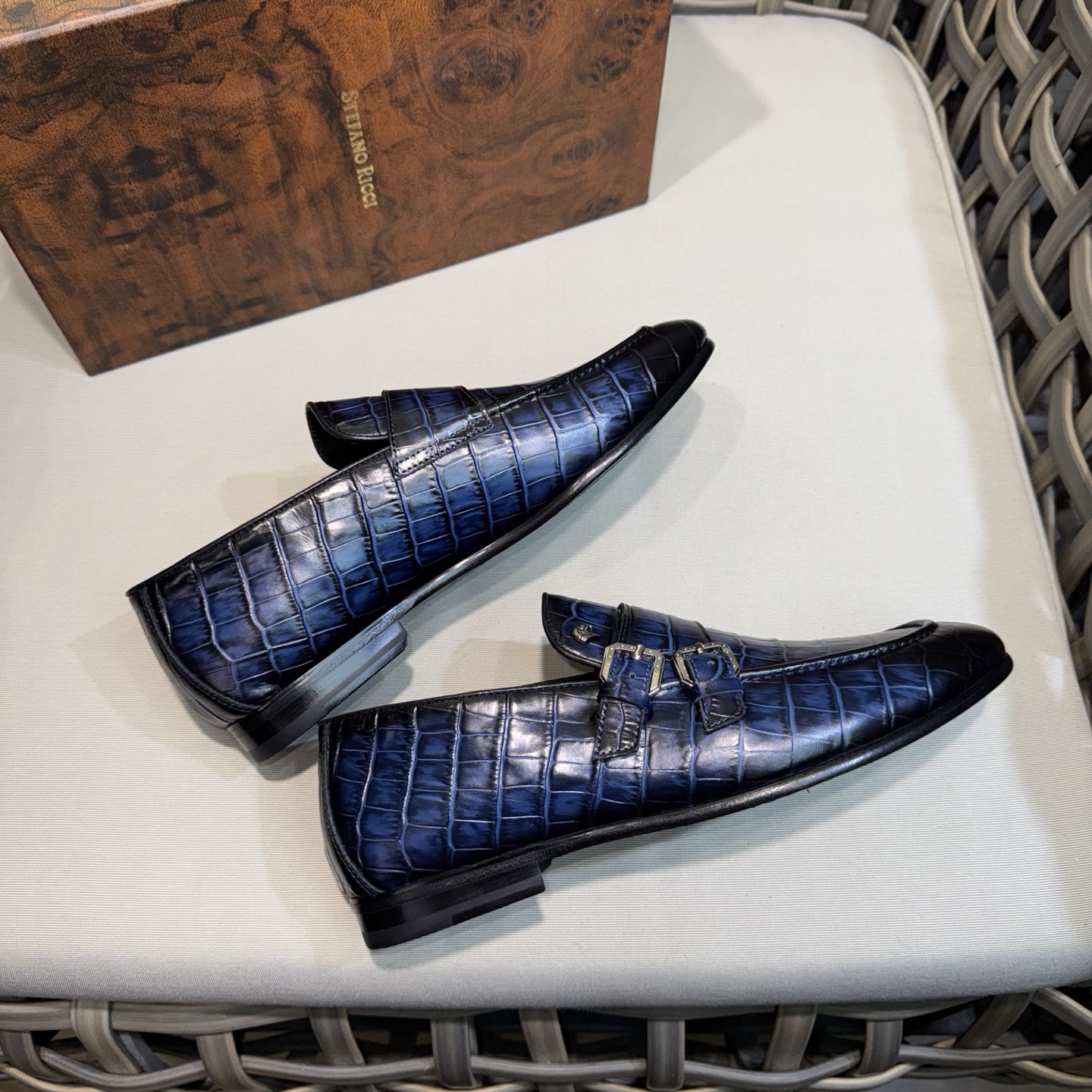Stefano Ricci Men's Leather Monk Strap Loafers, Blue Alligator Dress Shoes 7 i1744143119148 2805 0 5