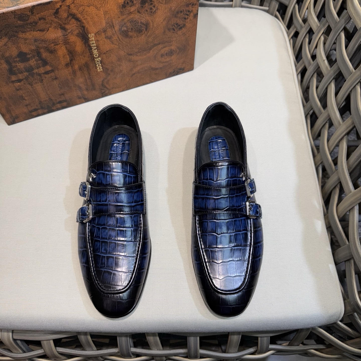 Stefano Ricci Men's Leather Monk Strap Loafers, Blue Alligator Dress Shoes 2 i1744143119150 2269 0 0