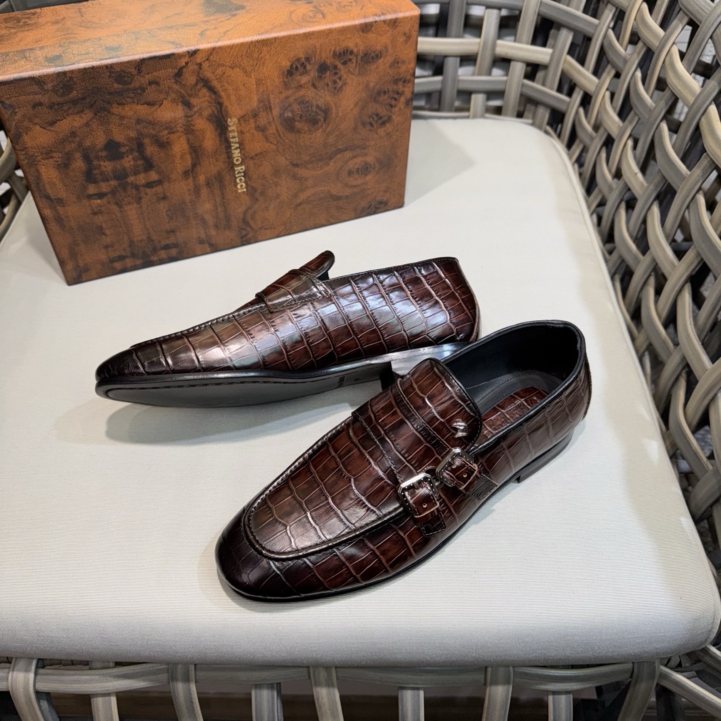 Stefano Ricci Men's Leather Monk Strap Loafers in Brown Crocodile Embossed 5 i1744143128213 3152 0 3