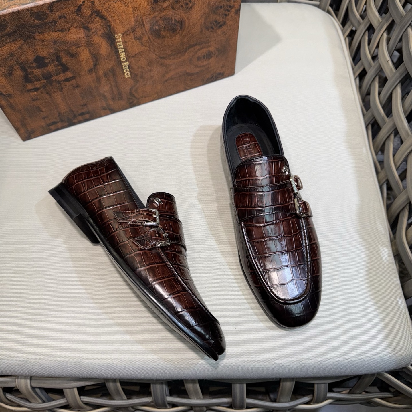 Stefano Ricci Men's Leather Monk Strap Loafers in Brown Crocodile Embossed 4 i1744143128298 3958 0 2