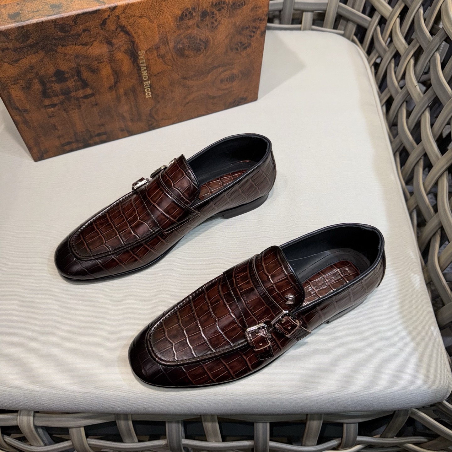 Stefano Ricci Men's Leather Monk Strap Loafers in Brown Crocodile Embossed 3 i1744143129426 618 0 1