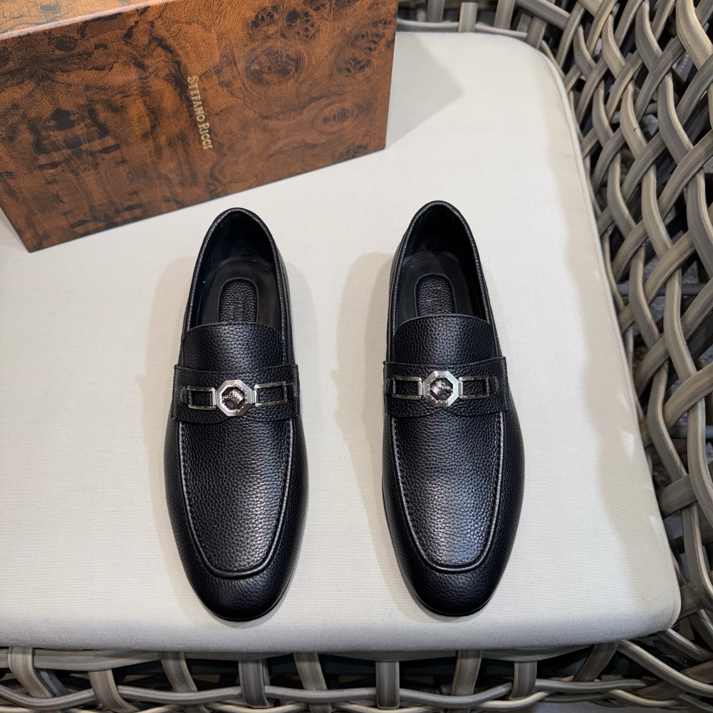 Stefano Ricci Men's Black Leather Loafers with Metal Buckle Detail 1 Stefano Ricci Men's Black Leather Loafers with Metal Buckle Detail