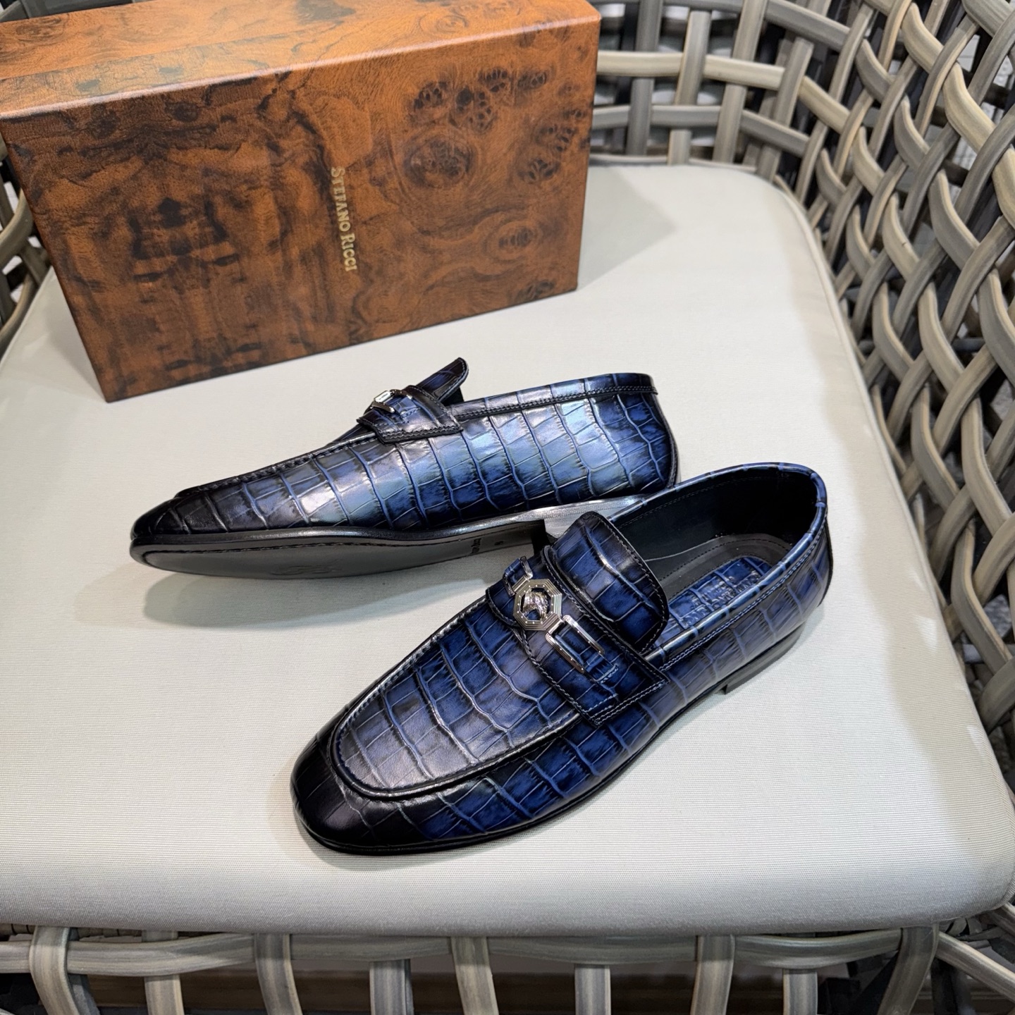 Stefano Ricci Men's Blue Alligator Leather Loafers with Metal Buckle 5 i1744143325148 1309 0 3
