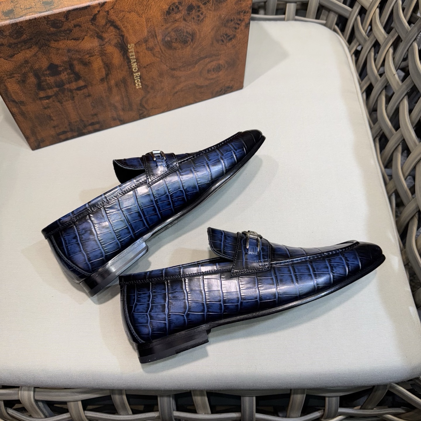 Stefano Ricci Men's Blue Alligator Leather Loafers with Metal Buckle 7 i1744143327243 8940 0 5
