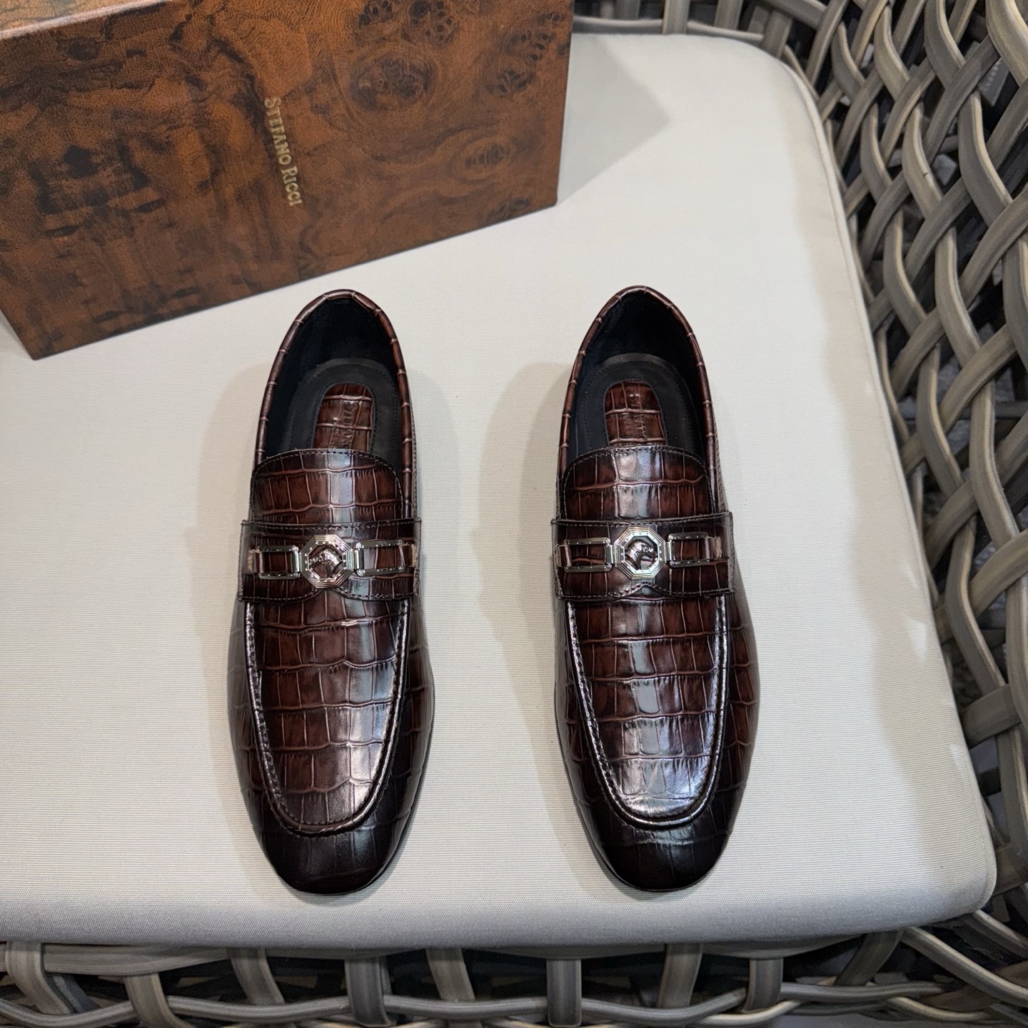 Stefano Ricci Men's Crocodile Embossed Leather Loafers with Metal Buckle 1 Stefano Ricci Men's Crocodile Embossed Leather Loafers with Metal Buckle