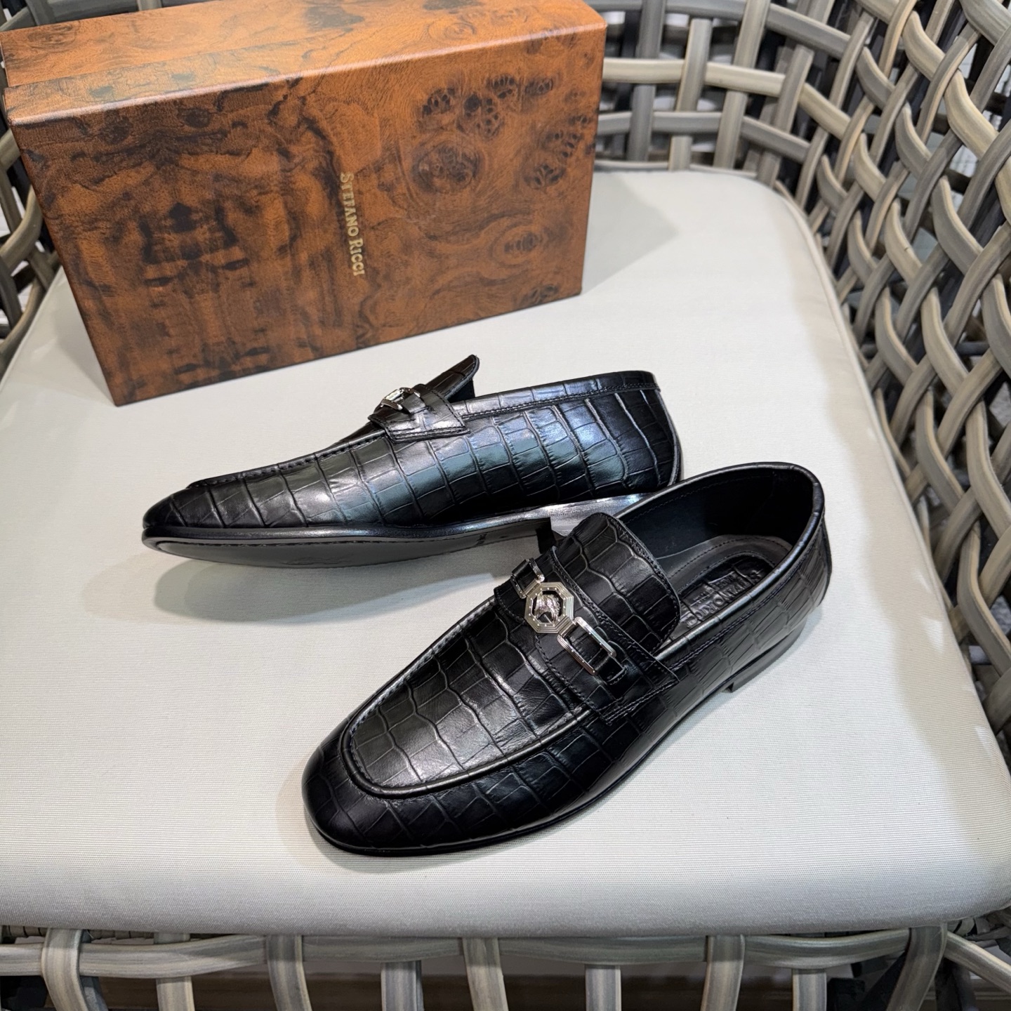 Stefano Ricci Men's Black Leather Loafers with Metal Buckle | Size 39-46 5 i1744143347833 2342 0 3