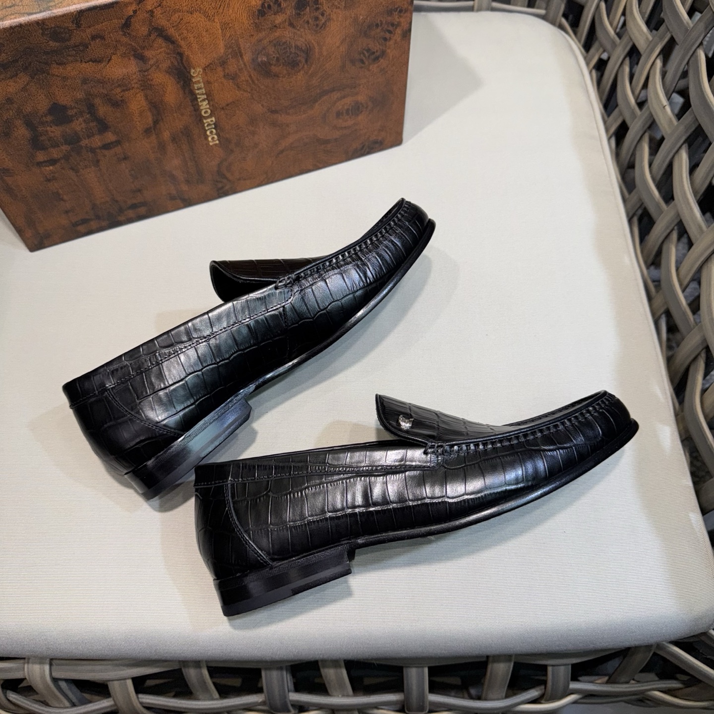 Stefano Ricci Men's Black Leather Loafers with Crocodile Pattern 7 i1744143407016 3424 0 5
