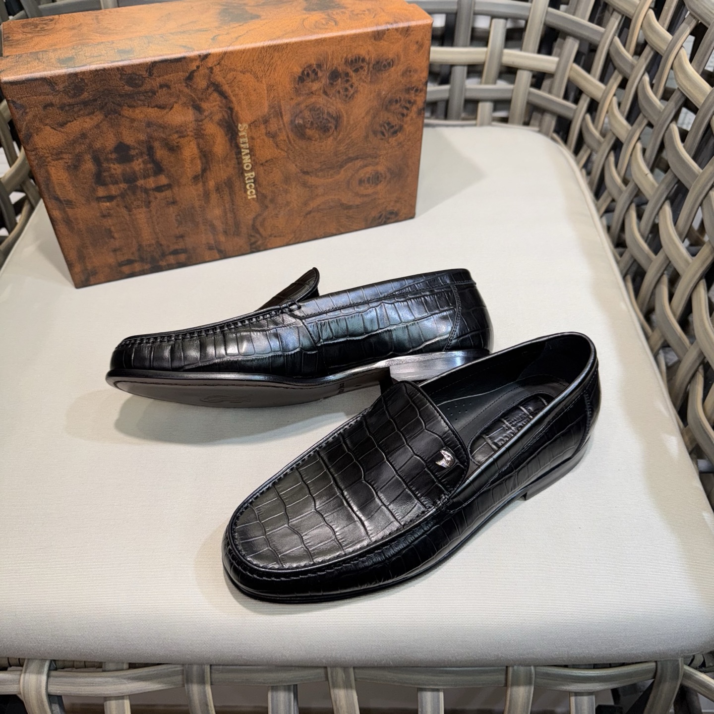 Stefano Ricci Men's Black Leather Loafers with Crocodile Pattern 5 i1744143408358 5316 0 3