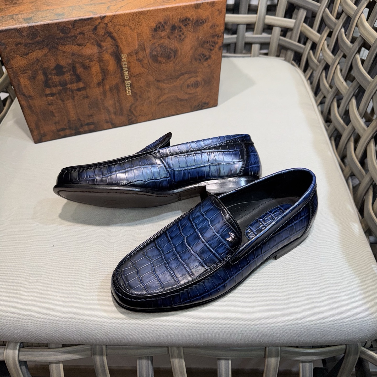 Stefano Ricci Men's Luxury Leather Loafers Blue Crocodile Pattern Dress Shoes 5 i1744143416956 4524 0 3
