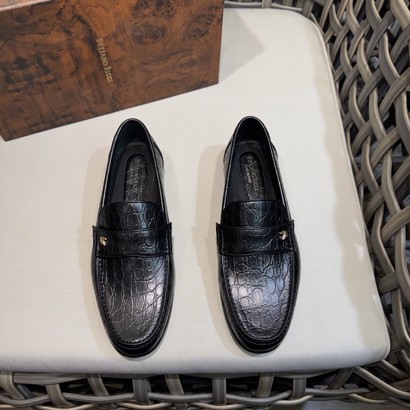 Stefano Ricci Men's Black Leather Loafers with Alligator Print 2 i1744143557071 1099 0 0