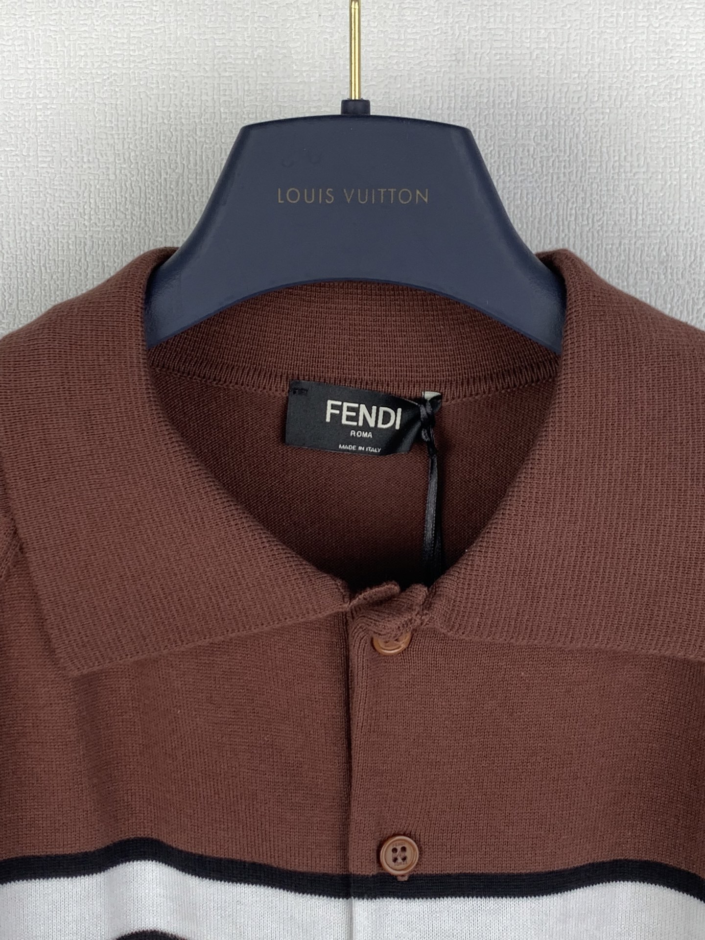 Fendi FENDI/芬迪 拼色条纹插肩袖提花FF针织POLO衫