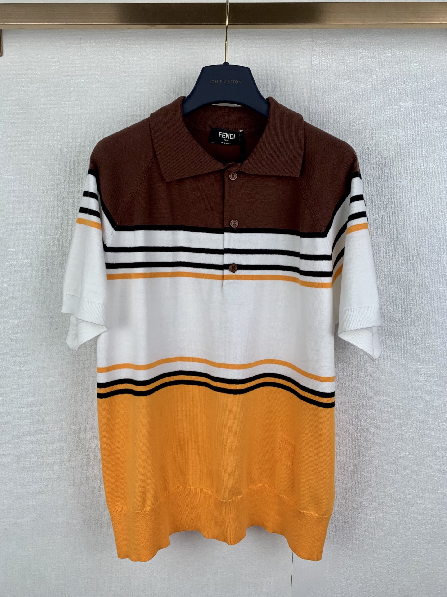 Fendi FENDI/芬迪 拼色条纹插肩袖提花FF针织POLO衫