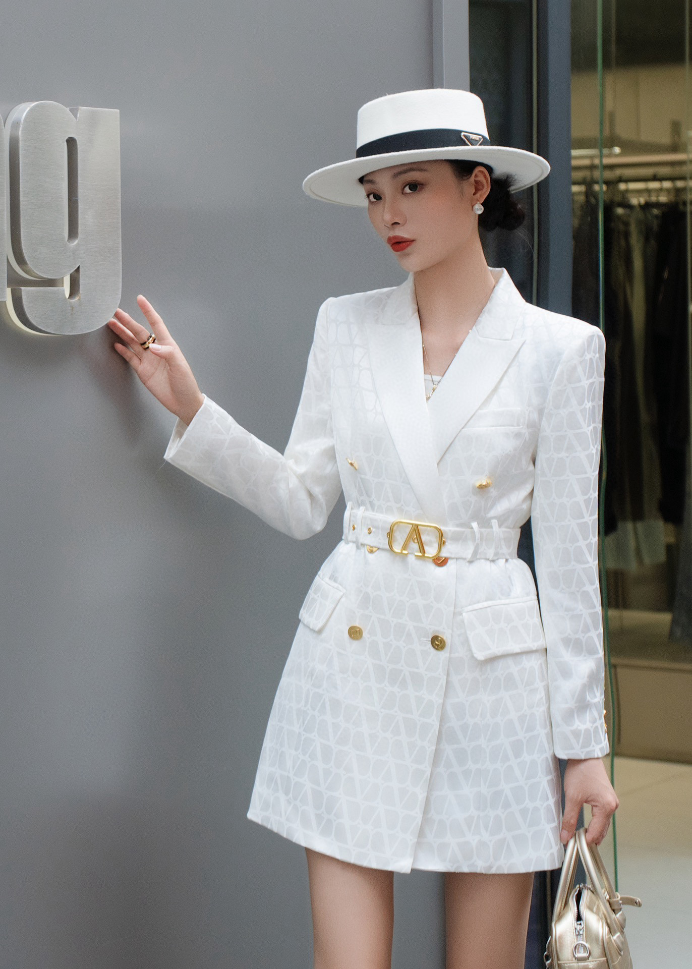 Valentino White Jacquard Blazer Dress with Belt, Designer Inspired, S-XL Sizes 4 i1740897240192 3715 0 3