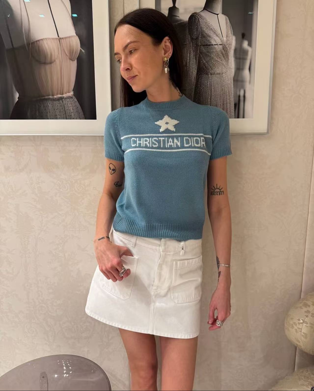 NO:419035,[Love] New [Love]!  Latest D 25NEW Pentagram Alphabet Jacquard Short Sleeve Knitted Top. Color Pink, Green. Size SML..., T-shirt,alexander wang19860909[爱心]新款[爱心]！最新D 25NEW 五角星字母提花短袖针织上衣.颜色粉、绿.尺码SML..,,T-shirt,alexander wang,Women's clothing