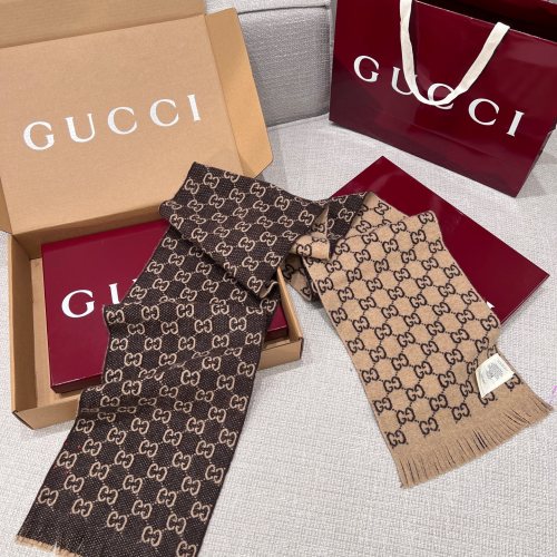 Gucci Wool Scarf with GG Pattern - Beige & Brown, 25x180cm