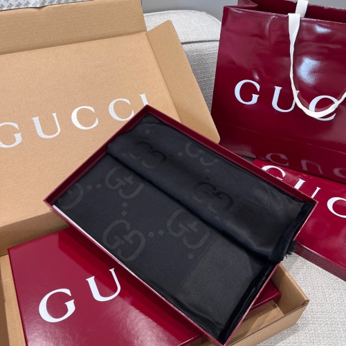 Gucci Jacquard Shawl in Black, 60% Silk 40% Wool, 140x140cm, with Tassel Detail 1 Gucci Jacquard Shawl in Black, 60% Silk 40% Wool, 140x140cm, with Tassel Detail