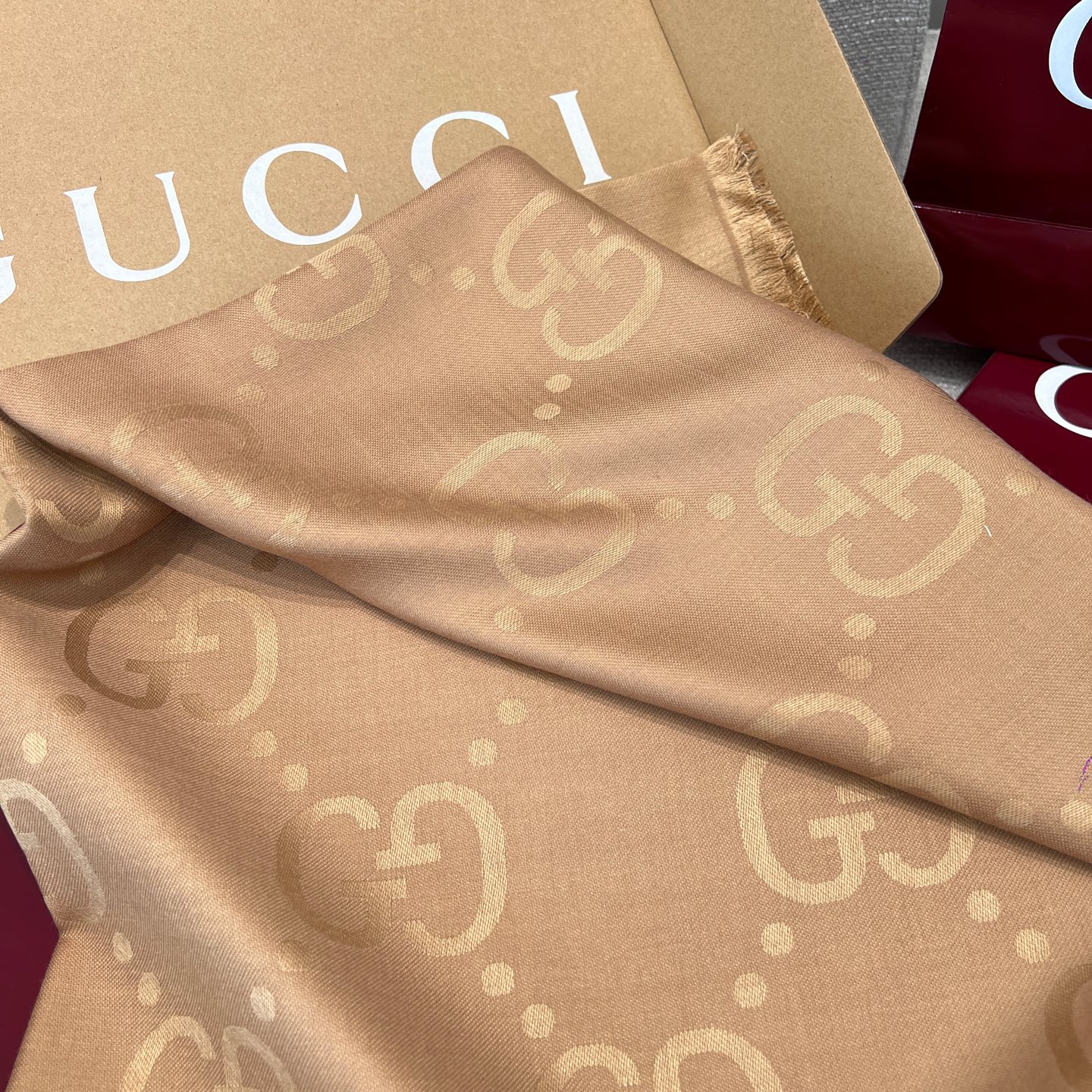 Gucci Beige Jacquard Shawl 60% Silk 40% Wool 140x140cm with Fringed Edges 4 i1736709073018 6780 0 2